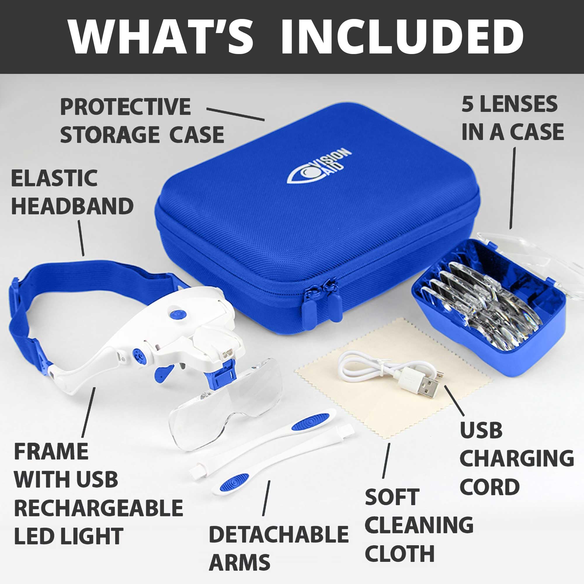 Vision Aid Expert Edition Magnifying Glasses with USB Rechargeable LED Light and Storage Case Hands Free Head Magnifier for Hobby Painting Close Work