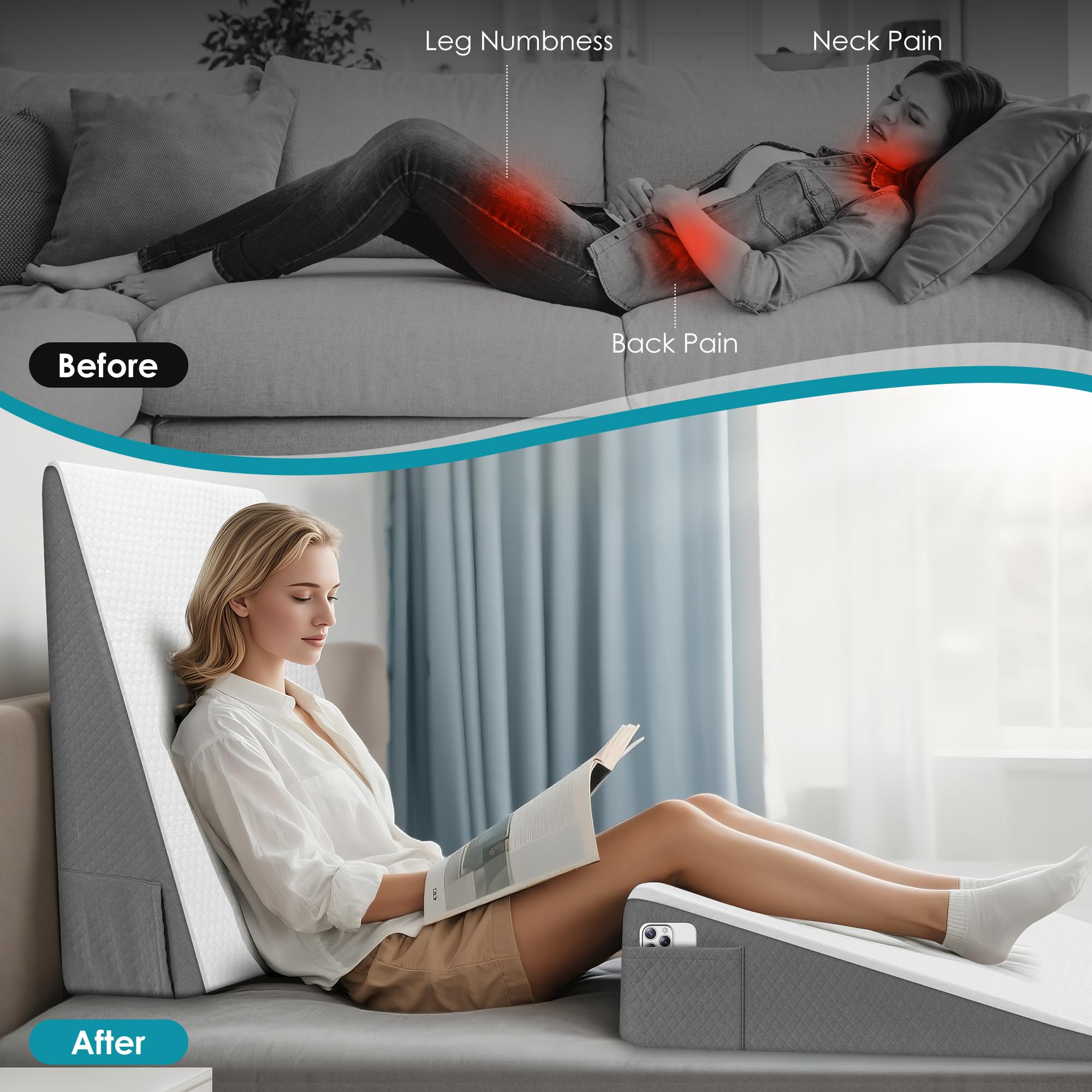 DiffPacky Wedge Pillow, 8 inch Bed Wedge Pillow for Sleeping & Resting, Cooling Memory Foam Incline Pillow for Adults Seniors, Back Support and Leg Elevation, Ideal for Couch, Bedroom & Living Room