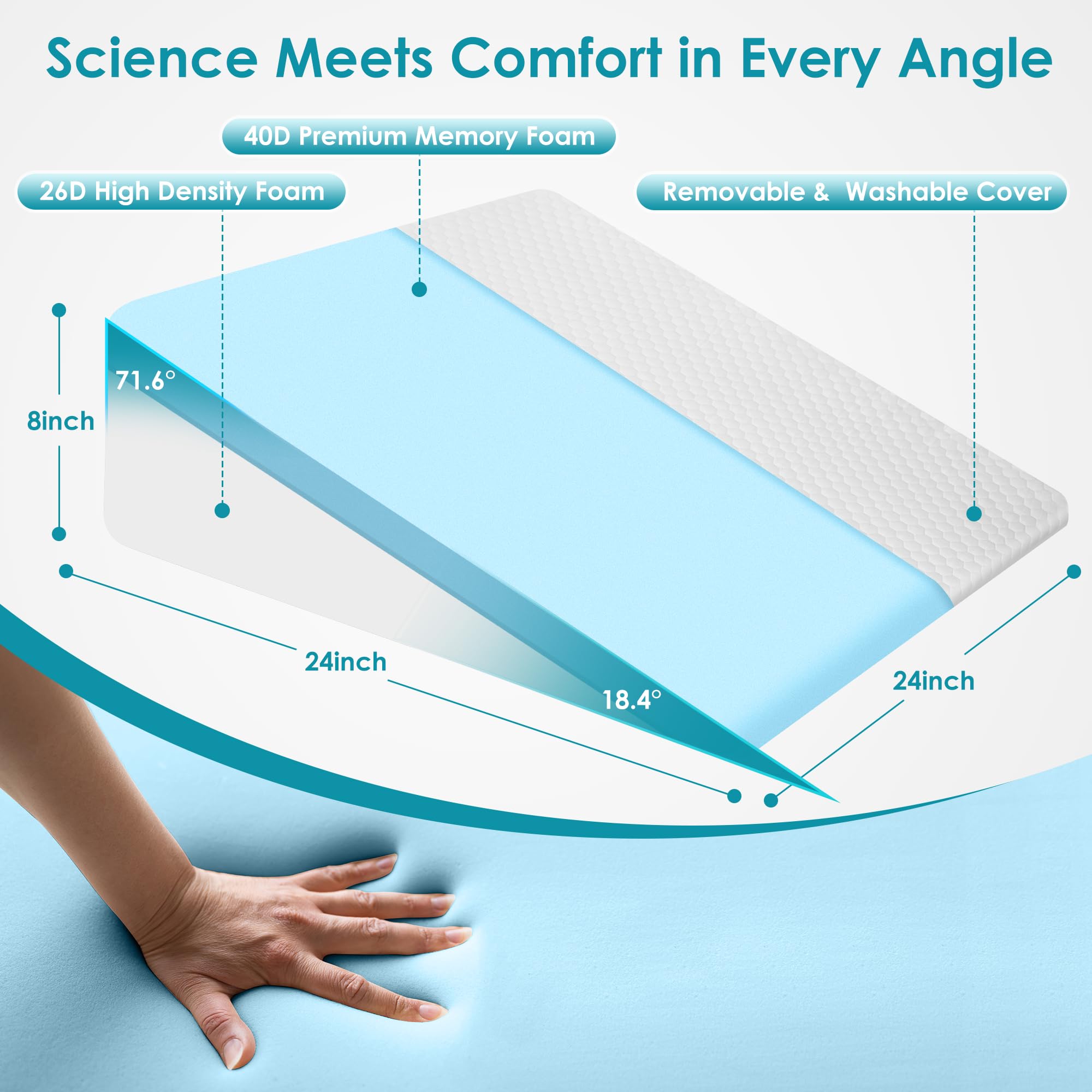 DiffPacky Wedge Pillow, 8 inch Bed Wedge Pillow for Sleeping & Resting, Cooling Memory Foam Incline Pillow for Adults Seniors, Back Support and Leg Elevation, Ideal for Couch, Bedroom & Living Room