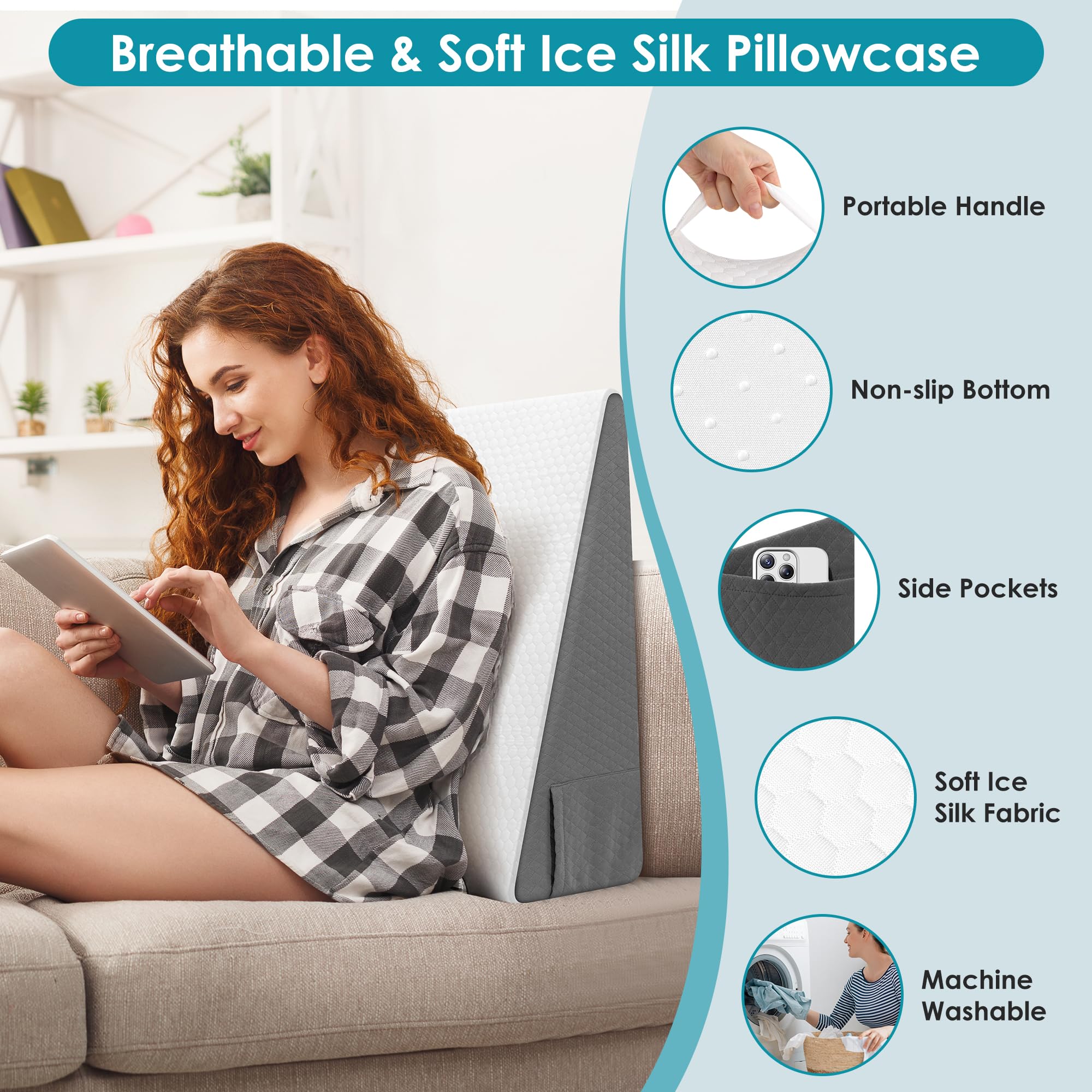 DiffPacky Wedge Pillow, 8 inch Bed Wedge Pillow for Sleeping & Resting, Cooling Memory Foam Incline Pillow for Adults Seniors, Back Support and Leg Elevation, Ideal for Couch, Bedroom & Living Room