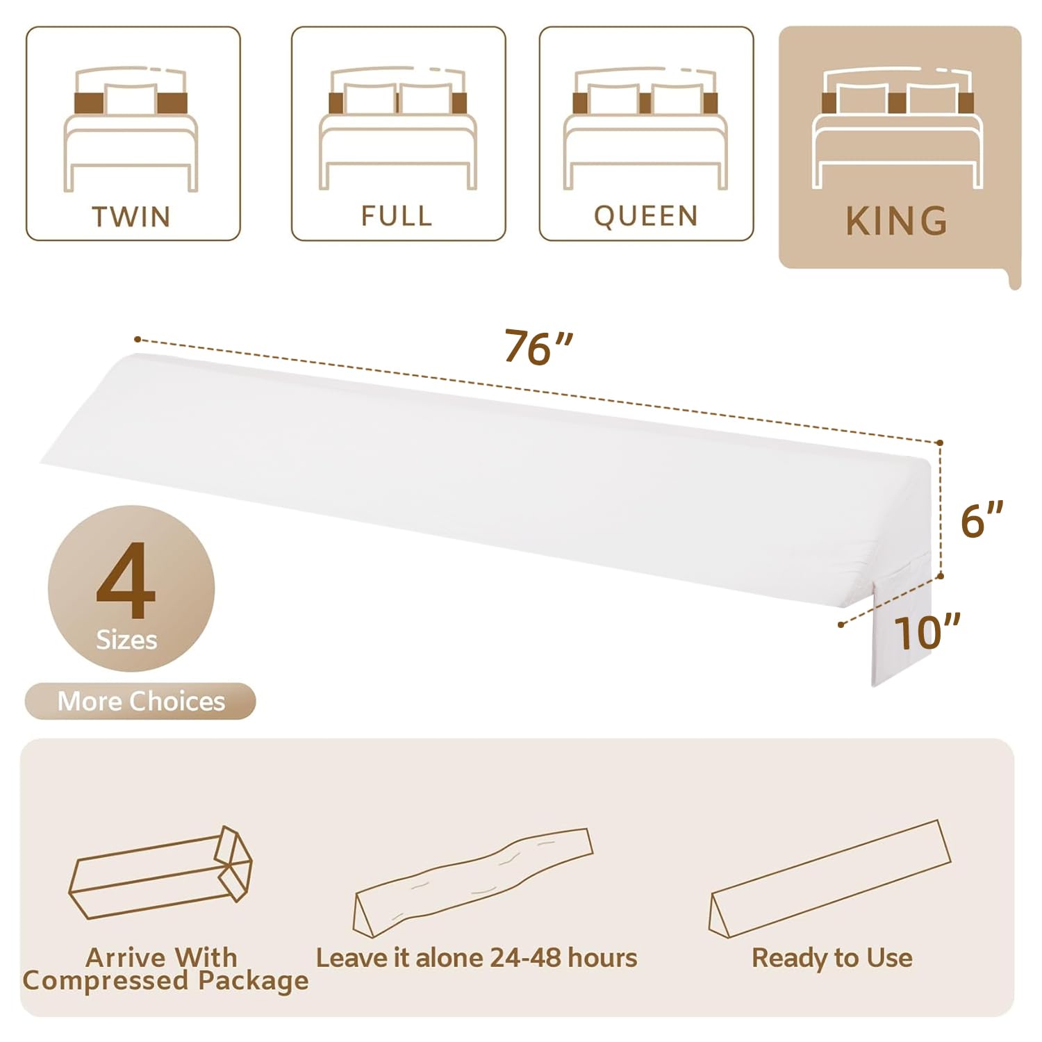 Bedluxe King Wedge Pillow Headboard (76"x10"x6"), Bed Wedge Pillow for Headboard, Foam Headboard Pillow, Bed Gap Filler King - Fill The Gap (0-7"), Mattress Gap Filler (White)