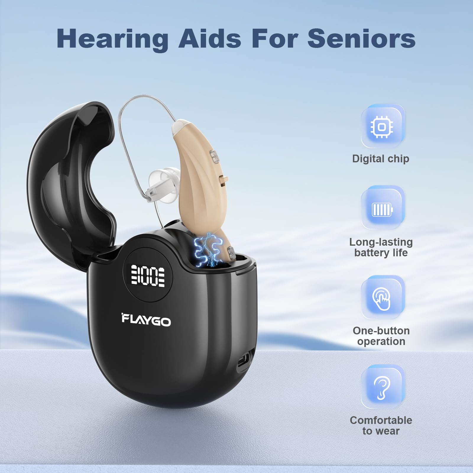 Flaygo Hearing Aids for Seniors, OTC Hearing Aids for People with Hearing Loss, Sound Quality Restoration, Intelligent Noise Reduction, Standby 80h, One-Button Operation, Comfortable Wearing,Beige