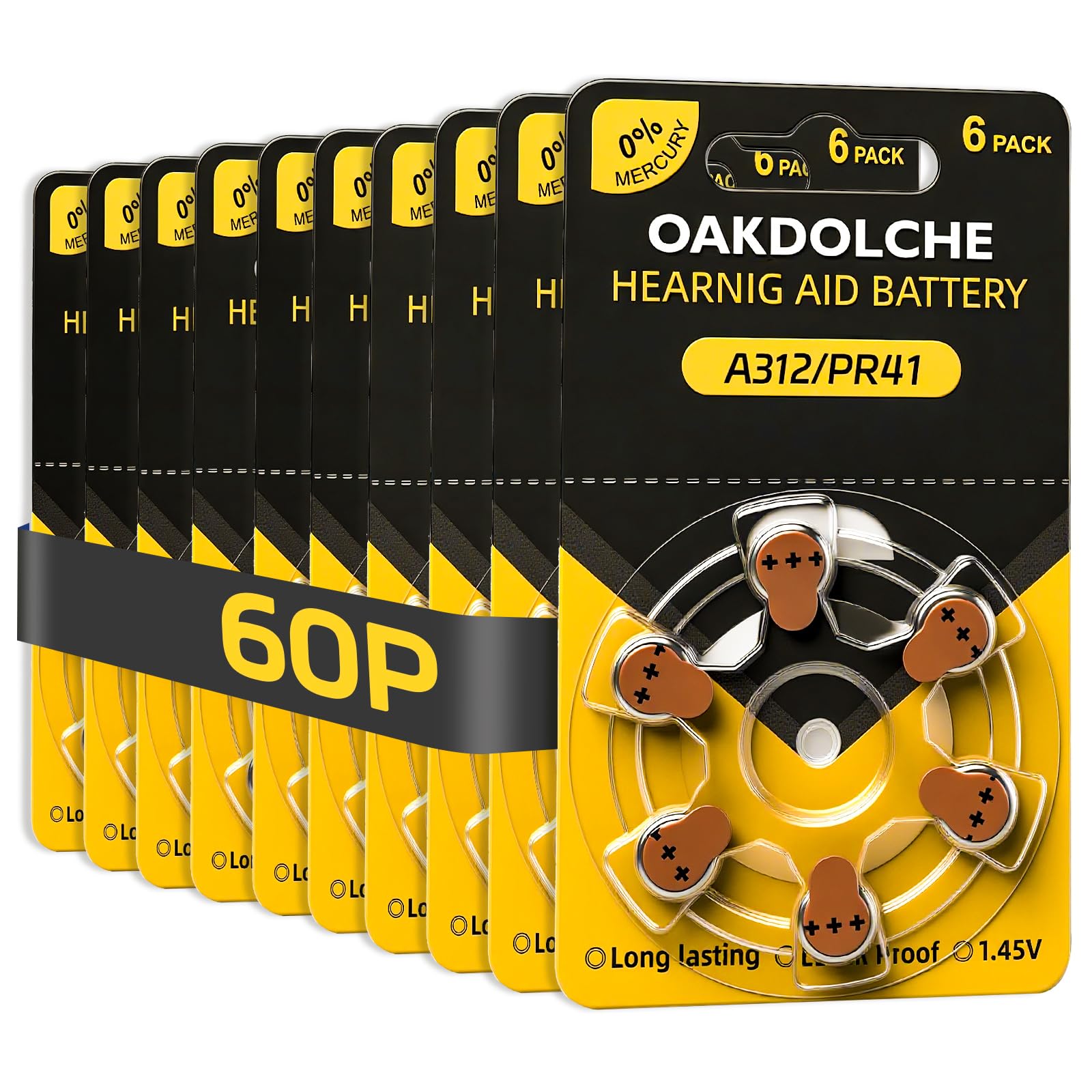 OAKDOLCHE Hearing Aid Batteries Size 312, 60 Count, Mercury Free Zinc Air, 1.45 Volt Long Lasting & Easy to Open