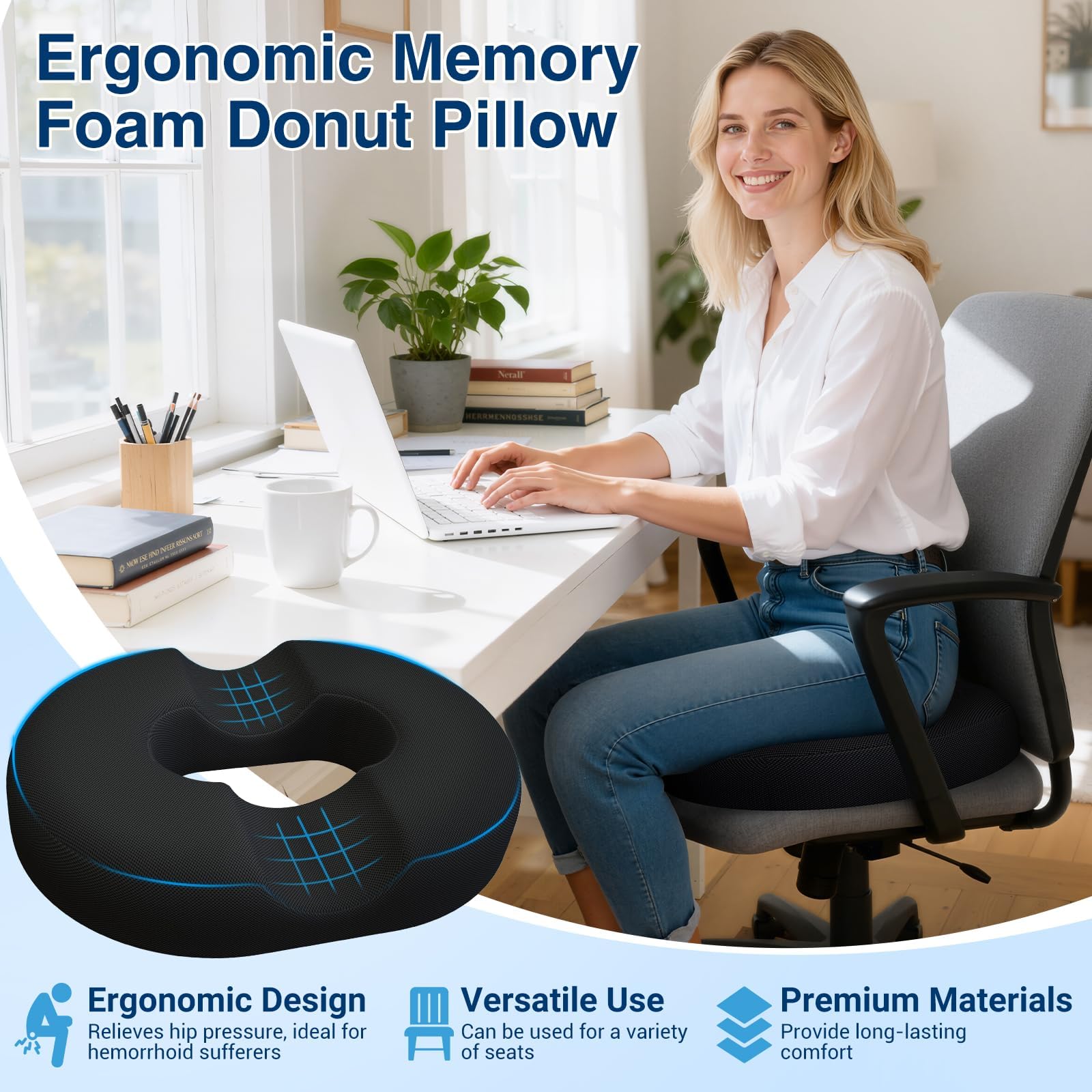 CushZone Donut Pillow for Postpartum Pregnancy - Large Ergonomic Chair Seat Cushions, Office Chair Cushion, Breathable Hemorrhoid Pillow, Lifting Chair Pads for Dining, Sitting, After Surgery(Black)