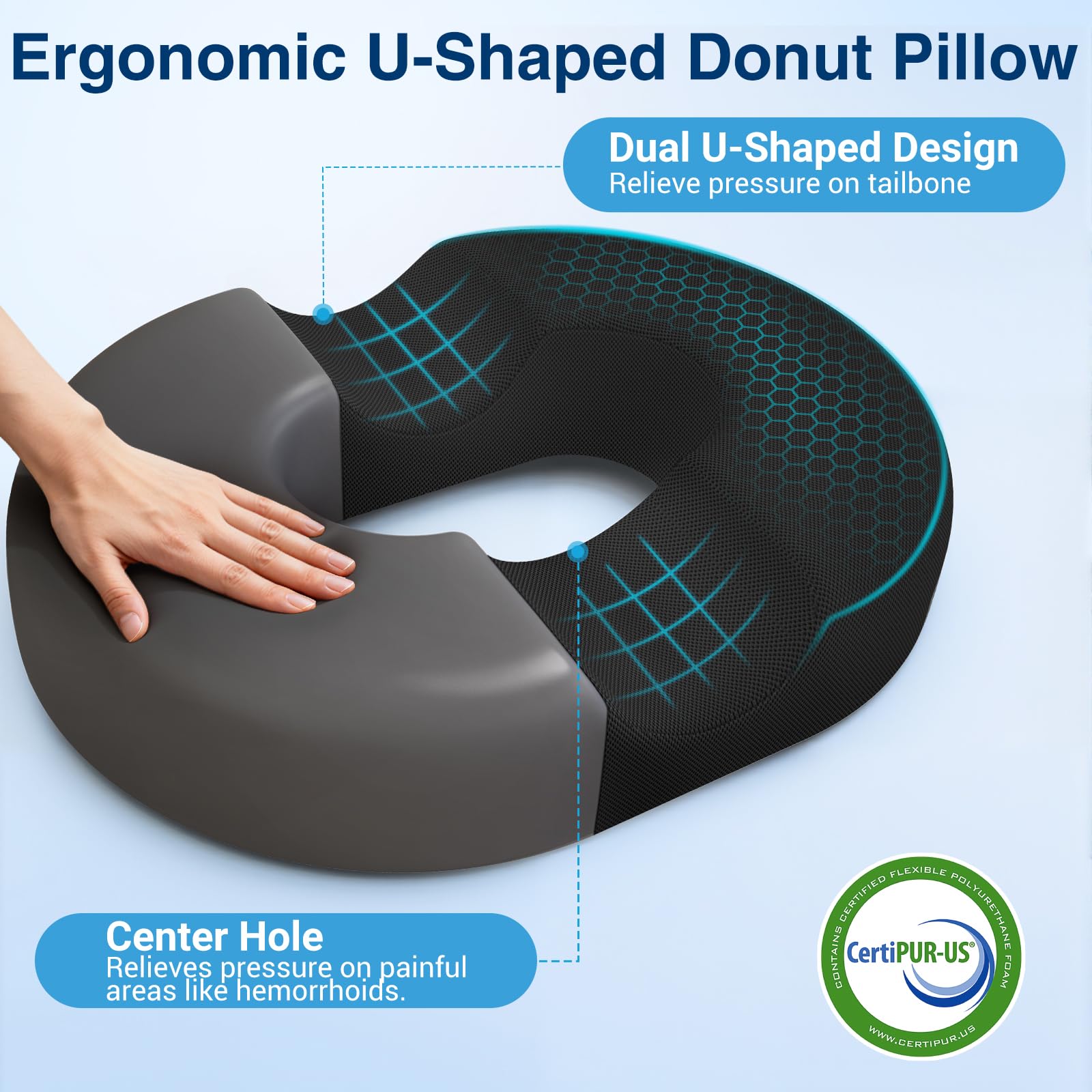 CushZone Donut Pillow for Postpartum Pregnancy - Large Ergonomic Chair Seat Cushions, Office Chair Cushion, Breathable Hemorrhoid Pillow, Lifting Chair Pads for Dining, Sitting, After Surgery(Black)
