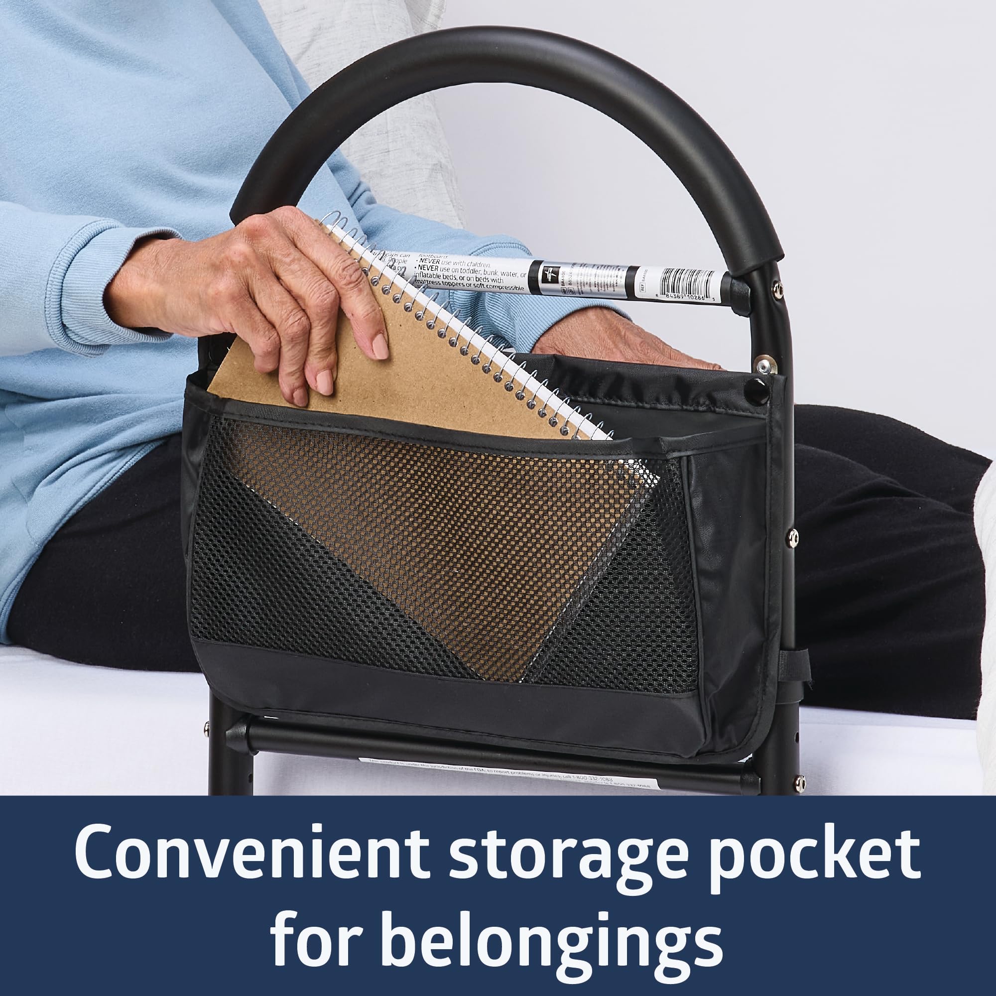 Medline Bed Assist Bar with Storage Pocket, Height Adjustable Bed Rail for Elderly Adults, Assistance for Getting In and Out of Bed at Home