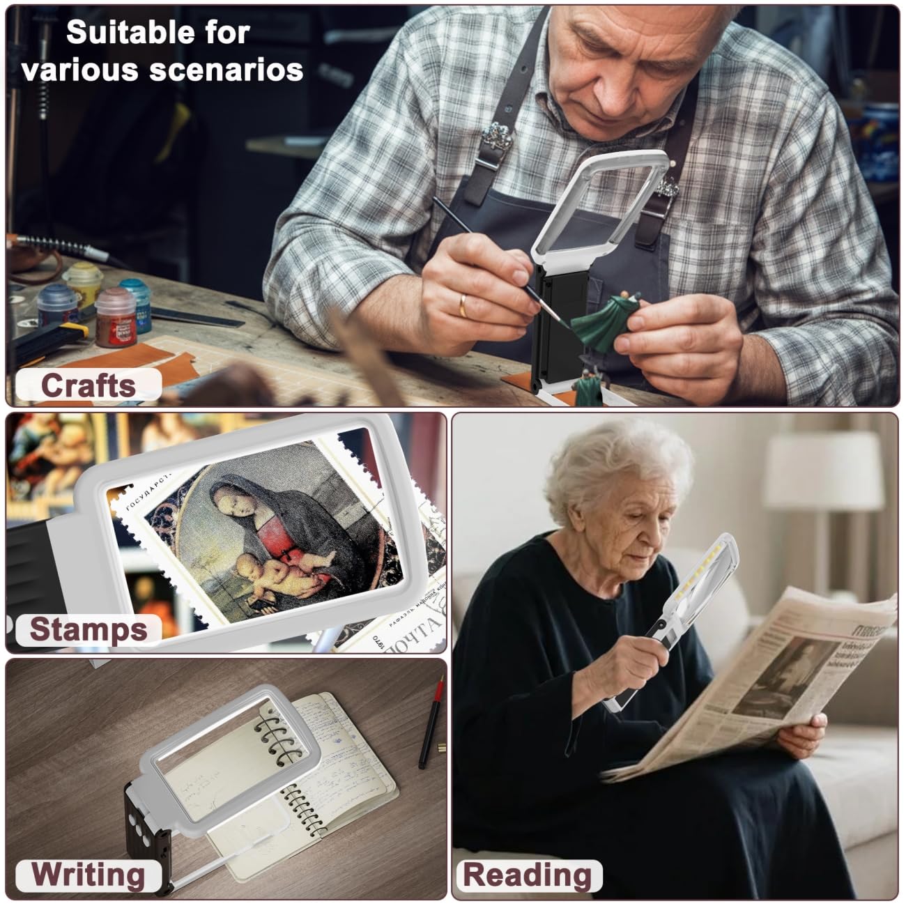 Coteck 15X Magnifying Glass with Light and Stand, Real Glass Lens, Rechargeable Foldable Handheld Magnifier, 3 Color Modes Dimmable Lighted Page Magnifier for Reading Fine Prints, Low Vision Seniors