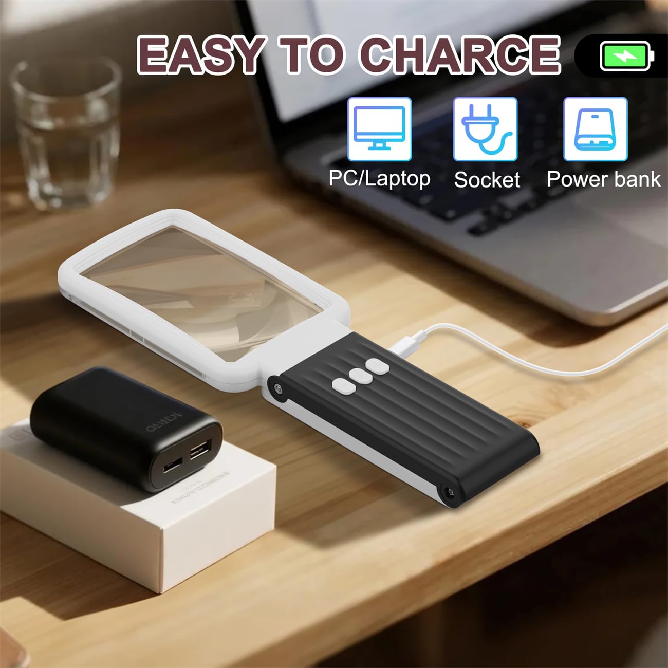 Coteck 15X Magnifying Glass with Light and Stand, Real Glass Lens, Rechargeable Foldable Handheld Magnifier, 3 Color Modes Dimmable Lighted Page Magnifier for Reading Fine Prints, Low Vision Seniors