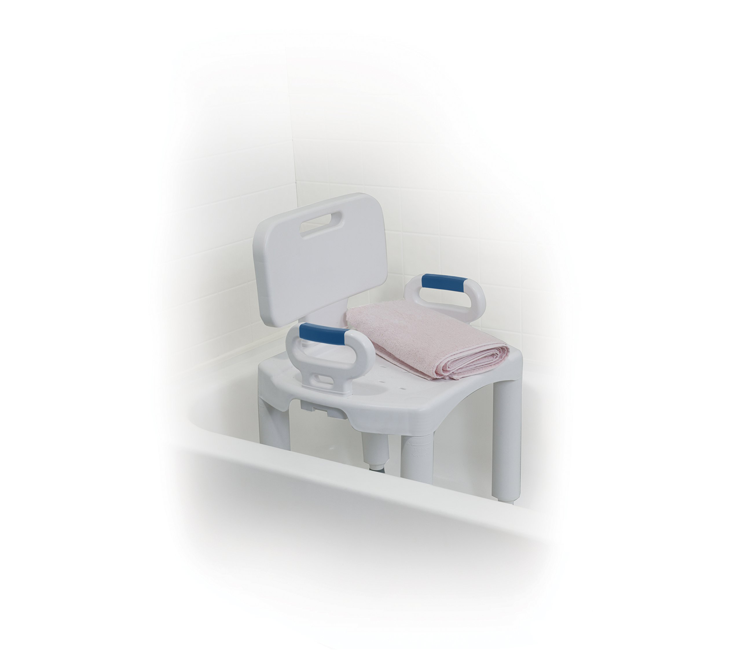 Drive Medical Bathroom Bench with Back & Arms - Adjustable Height - Suction Tip Legs for Stability - Durable Plastic Seat - 350 Lb Capacity - White