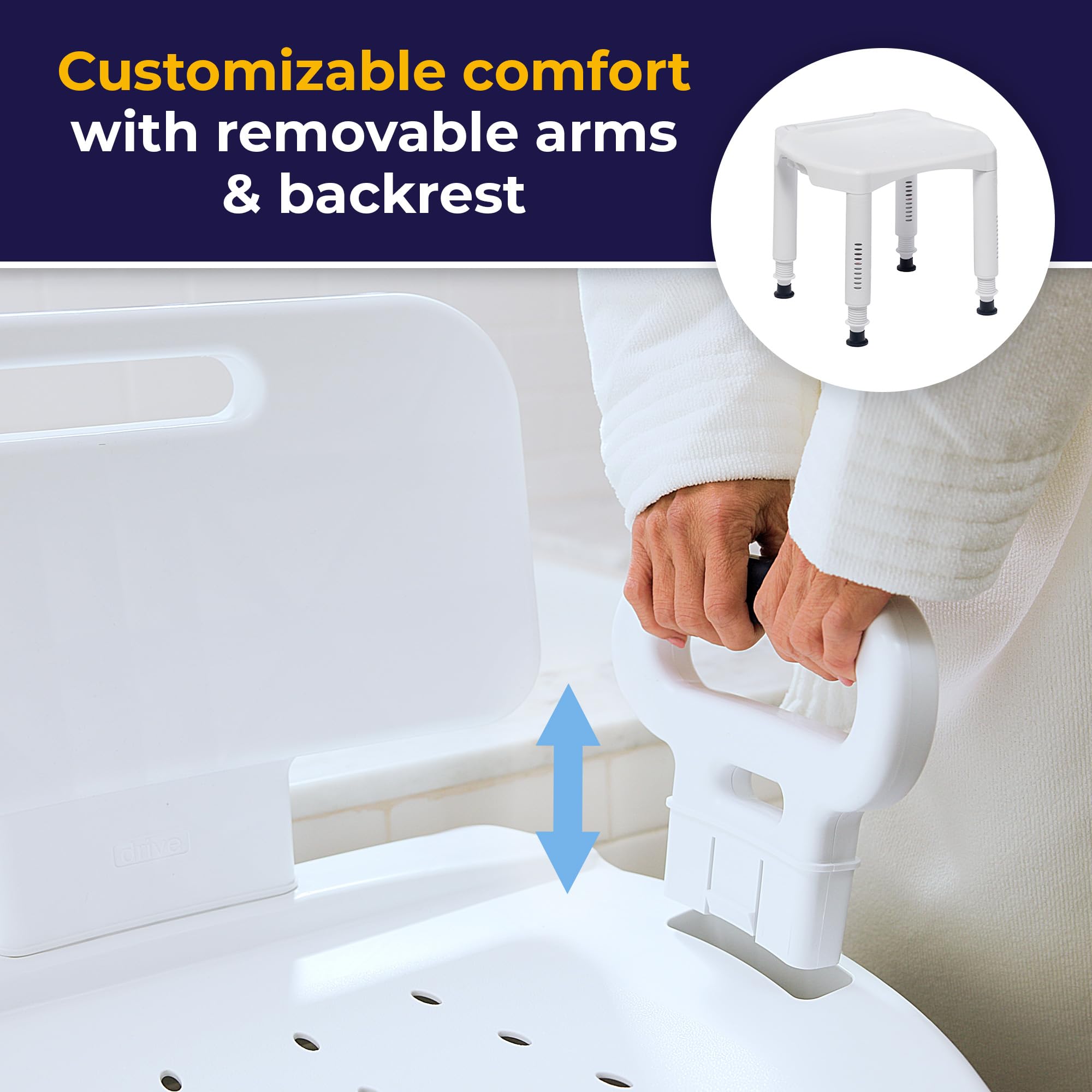 Drive Medical Bathroom Bench with Back & Arms - Adjustable Height - Suction Tip Legs for Stability - Durable Plastic Seat - 350 Lb Capacity - White