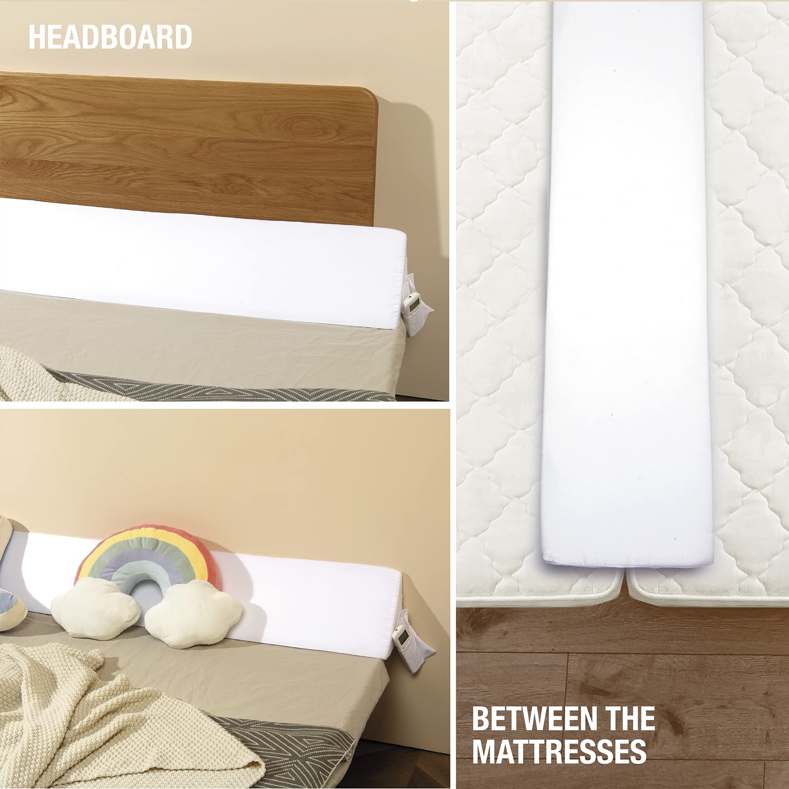 Vekkia King Bed Wedge Pillow for Headboard – High-Density Foam Fills Gaps (0-5.5") Between Mattress and Headboard, Wedge Pillow with Pockets for Phone & Remotes, Washable Cover (White)