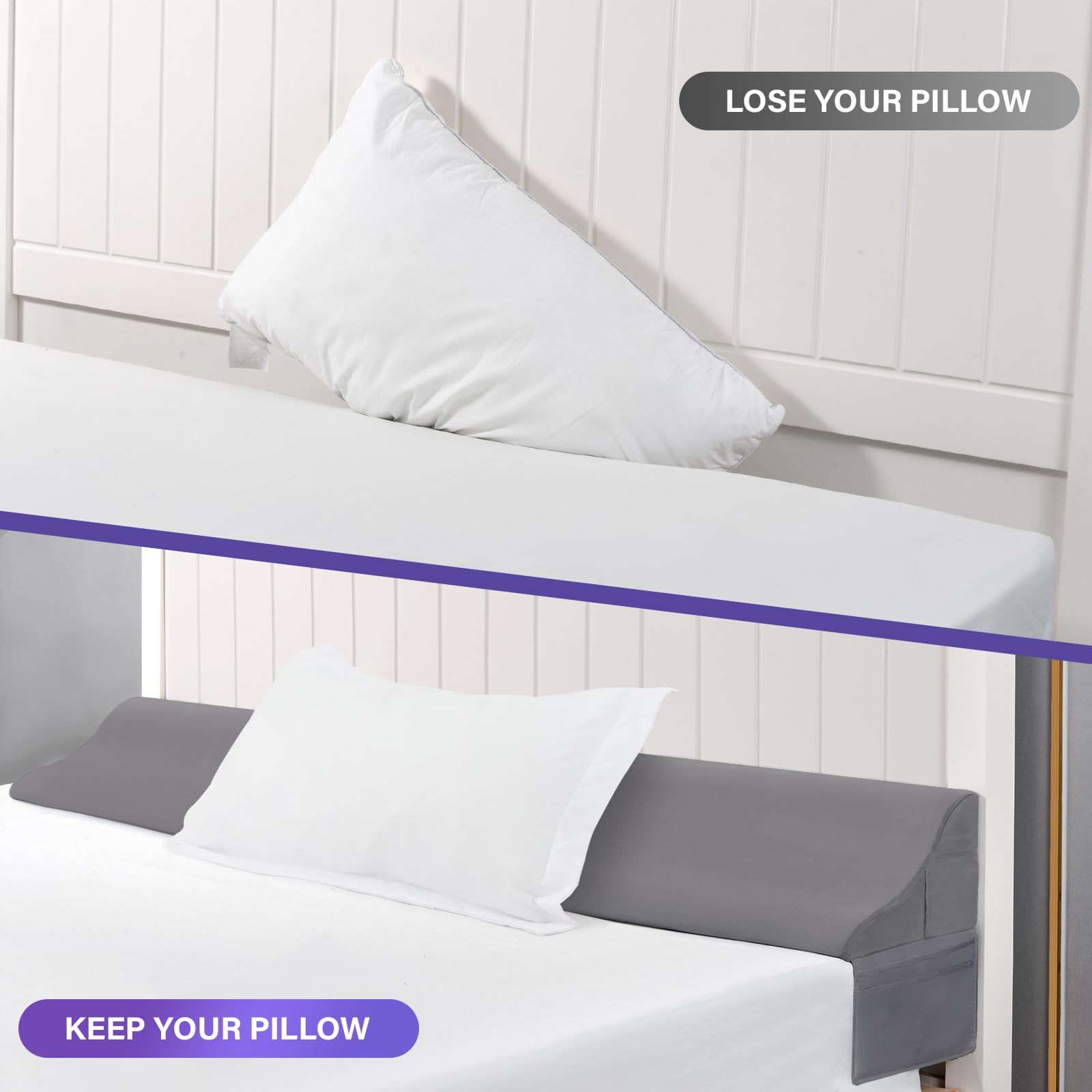 Vekkia Queen Bed Wedge Pillow for Headboard Gap – 0–6" Mattress Gap Filler with Supportive Comfort Foam & Large Side Pockets – Prevents Lost Pillows & Items, Washable Cover (Gray 60"x10"x7")