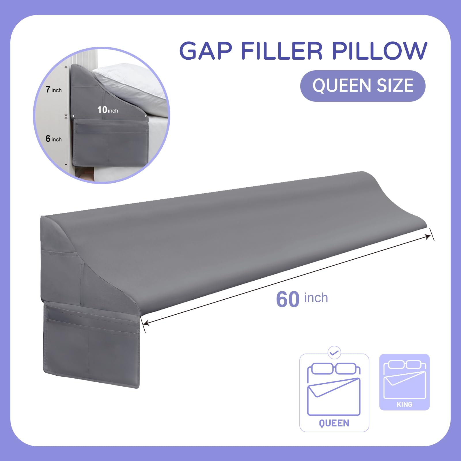 Vekkia Queen Bed Wedge Pillow for Headboard Gap – 0–6" Mattress Gap Filler with Supportive Comfort Foam & Large Side Pockets – Prevents Lost Pillows & Items, Washable Cover (Gray 60"x10"x7")