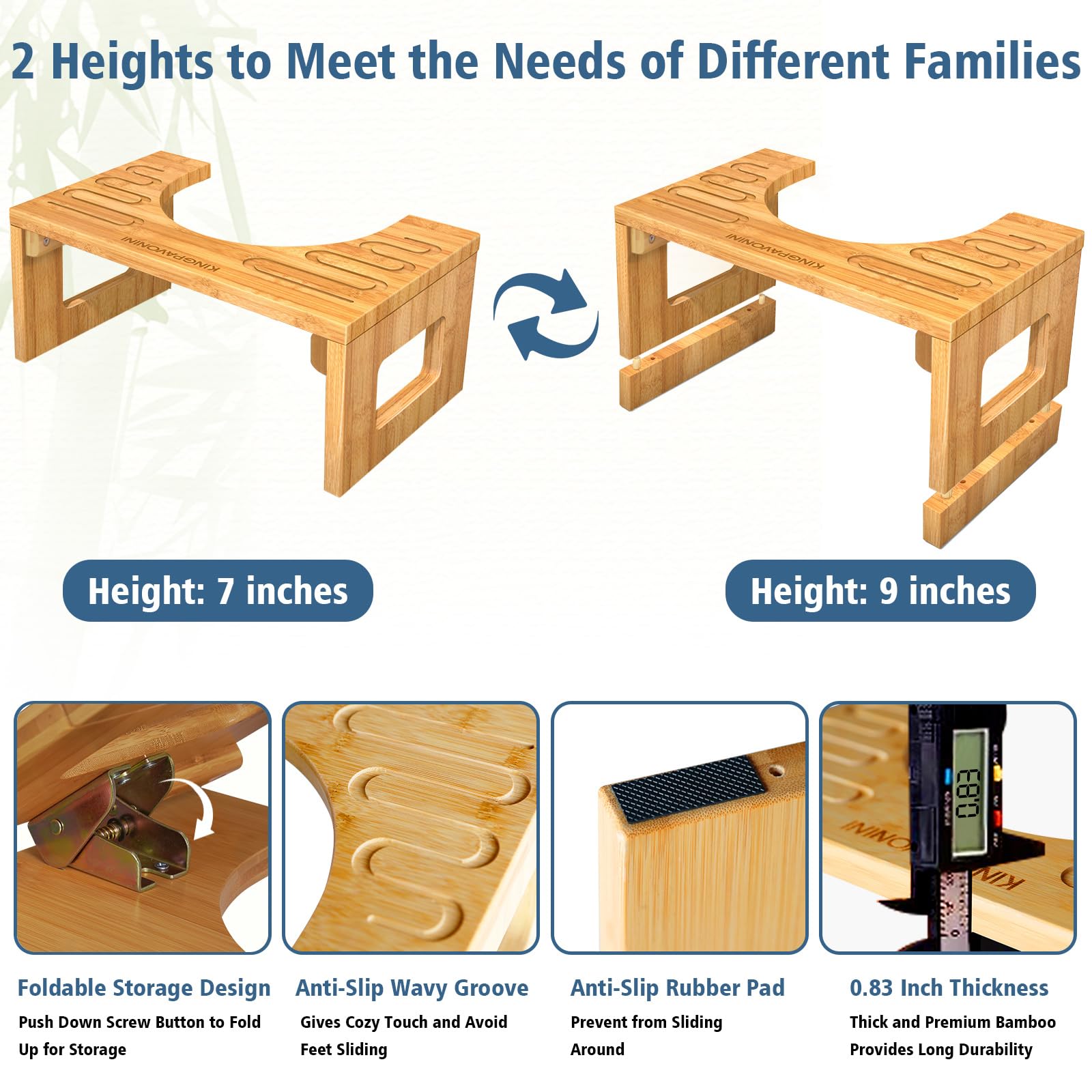KingPavonini Bamboo Toilet Stool Squat 7in & 9in Adjustable Heights, Foldable Potty Stool for Adults with Non-Slip Layer to Improve Bathroom Posture and Comfort, 400 lbs Capacity
