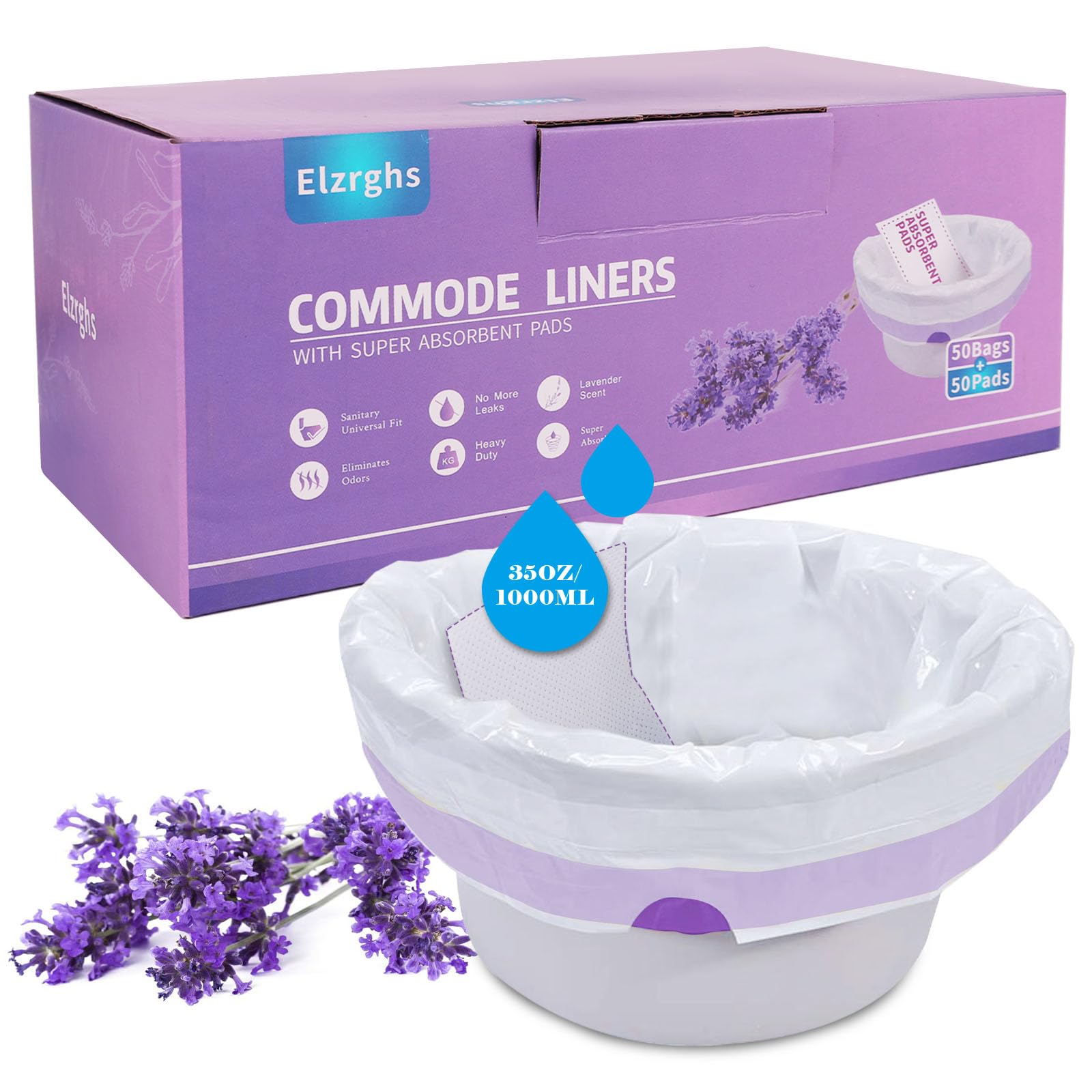 Elzrghs Commode Liners with Absorbent Pads for Bedside Commode, Commode Toilet,50 La-Vender Scented Bedside Commode Liners and 50 Commode Pads, White