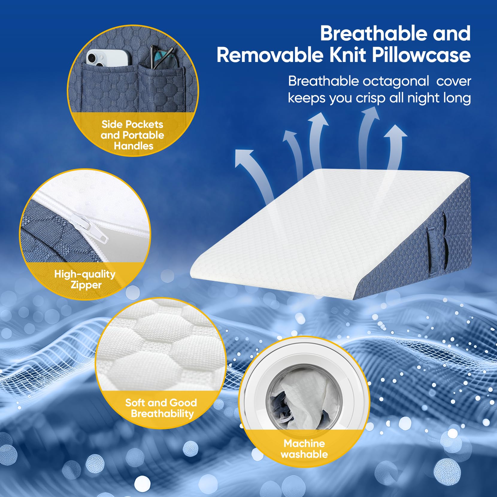 Welzona 12inch Wedge Pillow for Sleep, Updated Bed Wedge, Acid Reflux, Heartburn, GERD, Neck Pain, Cooling Memory Foam Top, Removable Washable Cover Incline Wedge Pillow for Improved Sleep