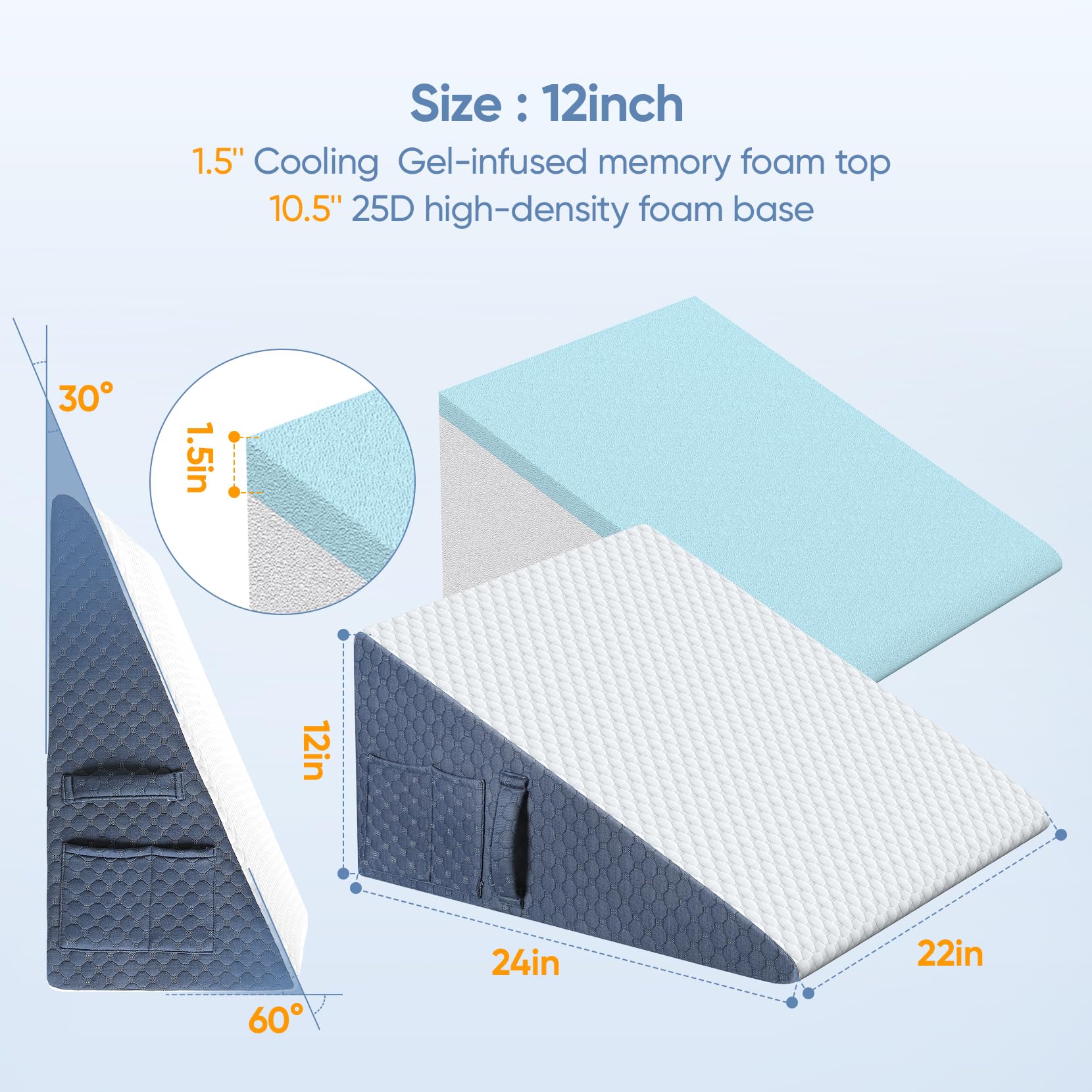 Welzona 12inch Wedge Pillow for Sleep, Updated Bed Wedge, Acid Reflux, Heartburn, GERD, Neck Pain, Cooling Memory Foam Top, Removable Washable Cover Incline Wedge Pillow for Improved Sleep