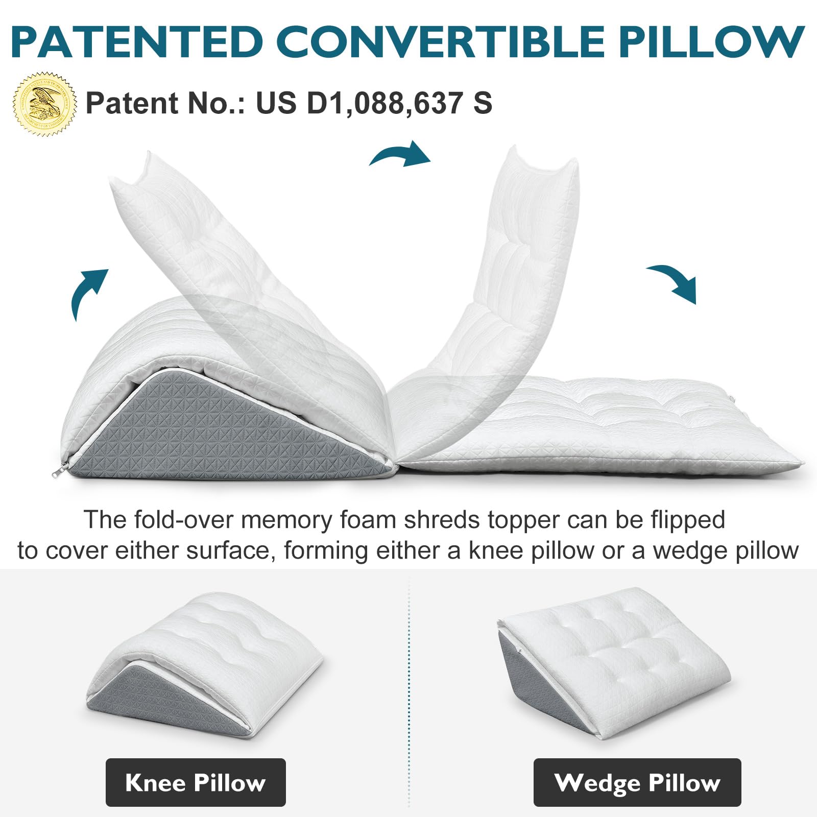 Shinnwa Knee Wedge Pillow, Patented Convertible Knee Pillow for Back Sleeping, Dual-Layer Memory Foam Triangle Pillow for Legs Post Surgery, Knee Support, Leg Elevation, Back Pain Relief