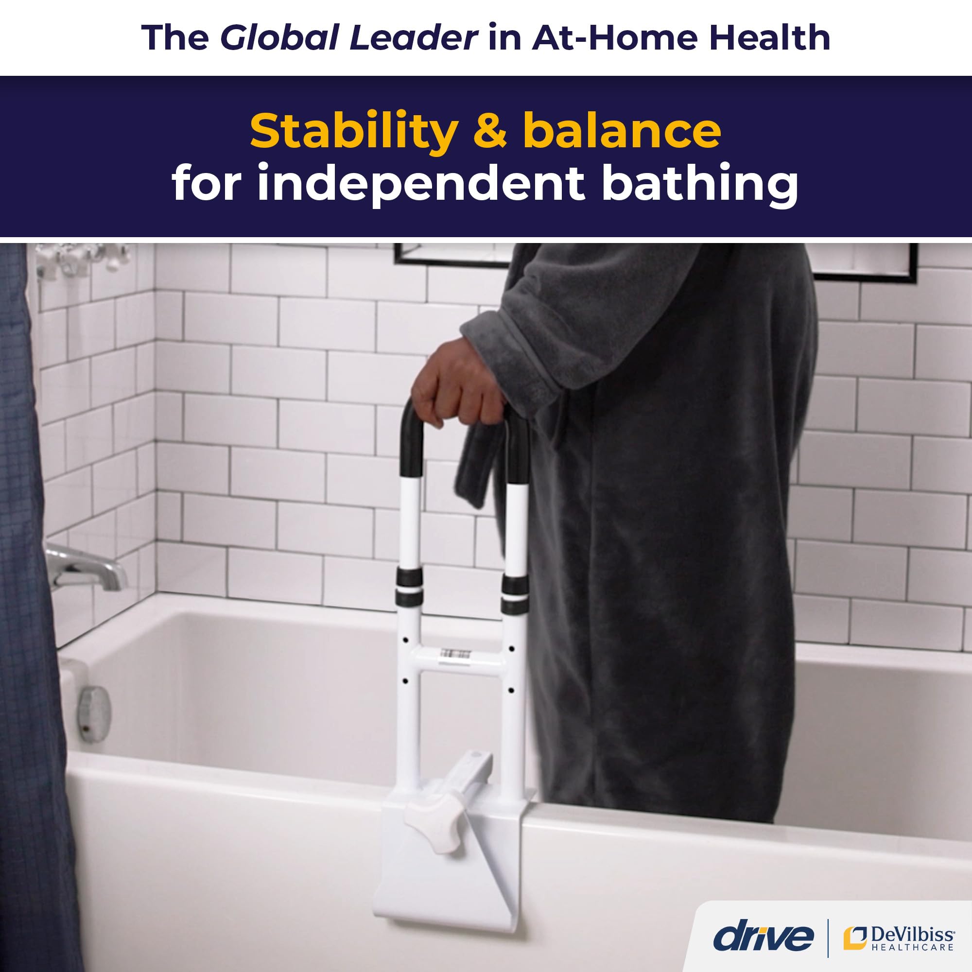 Drive Medical Adjustable Bathtub Grab Bar & Bathtub Safety Rail - Easy Clamp-On Installation - Durable Powder-Coated Steel Construction - Adjustable Height 14” to 17” - Scratch Proof Non-Slip Pads