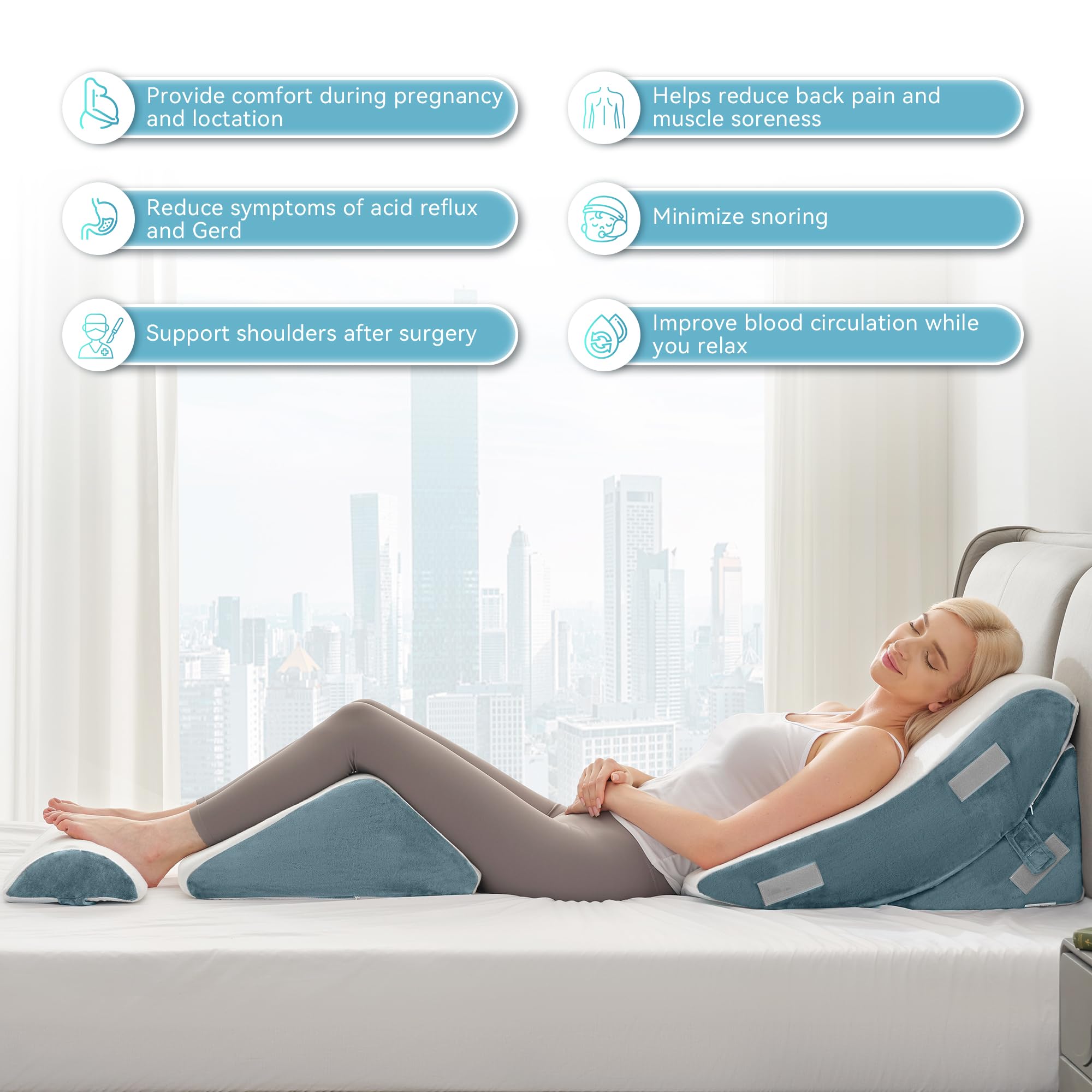 Kingfun 4PCS Orthopedic Bed Wedge Pillow Set for Headboard, Post Surgery Memory Foam Support Pillows for Back, Neck and Leg Pain Relief, Adjustable Triangle Pillow - Acid Reflux, Anti Snoring & GERD