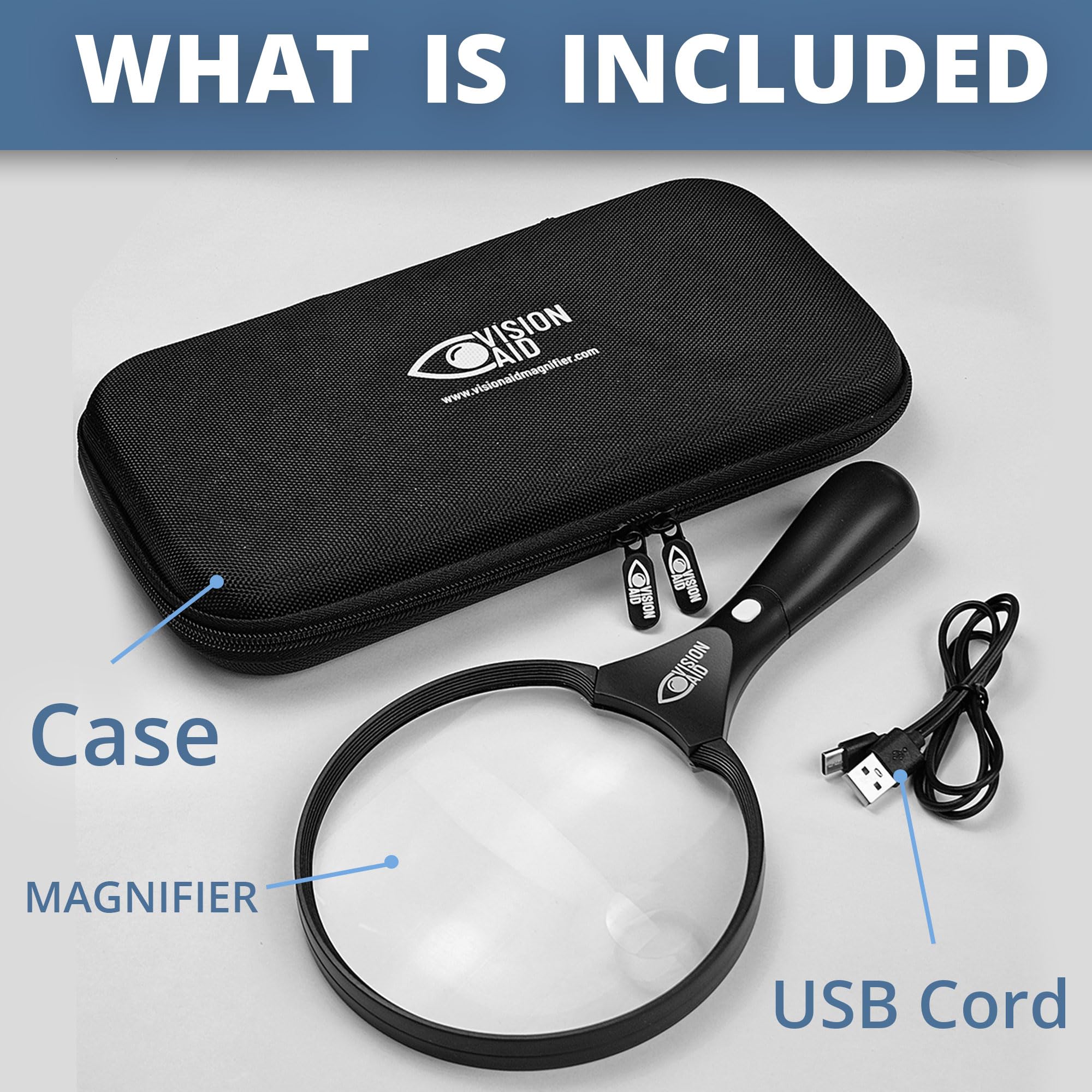 Large 5.5" Magnifying Glass with LED Light (USB Rechargeable) and Hard Case — 3.0X Handheld Illuminated Magnifier Loupe for Reading, Low Vision, Jewelry, Coins, Hobbies, Fine Print.