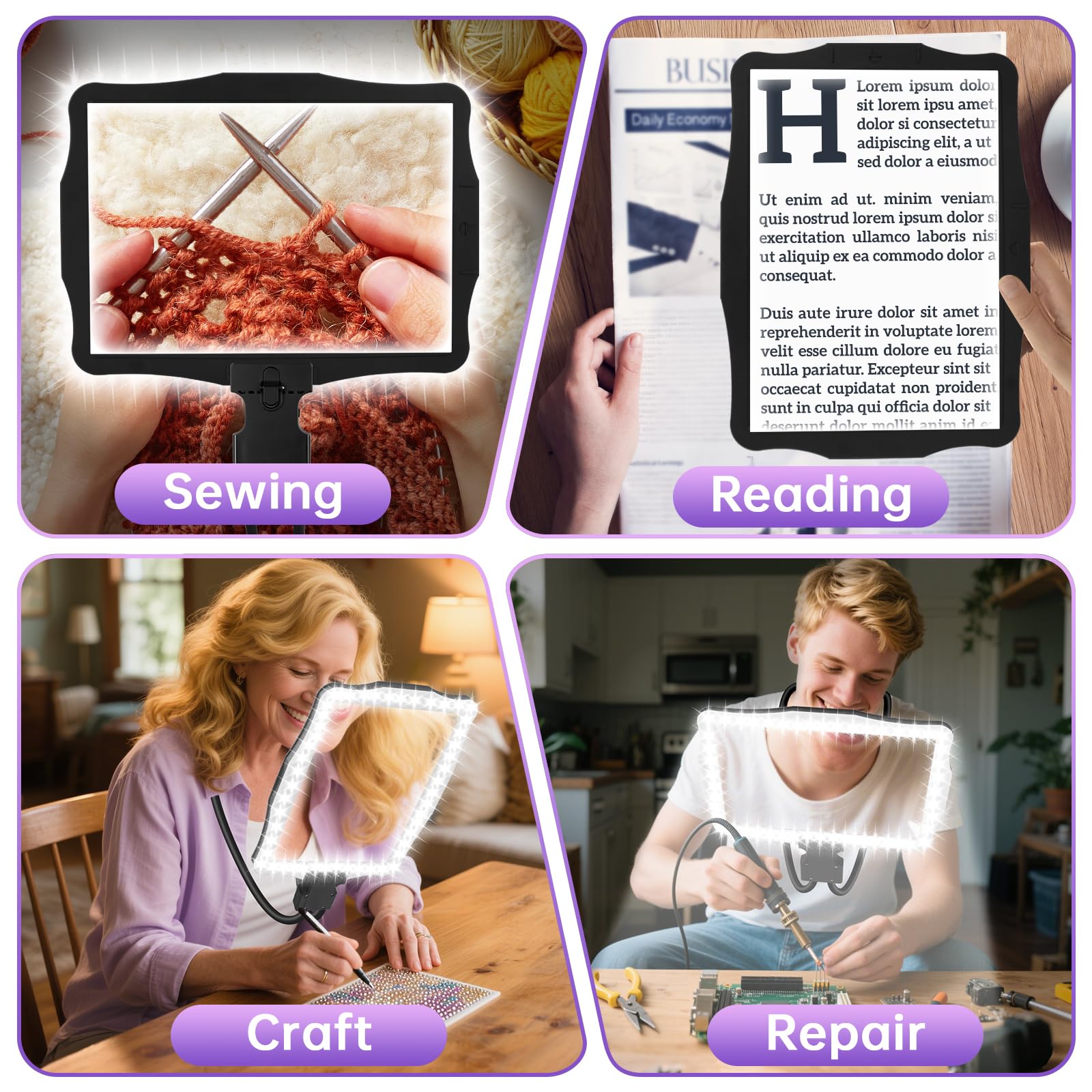 10X Magnifying Glass with Light, Hands Free Large Magnifying Glass for Reading, Full Book Page Magnifiers Flexible Gooseneck Magnifier for Reading Repair Sewing Low Vision, 10.6 x 7.8in