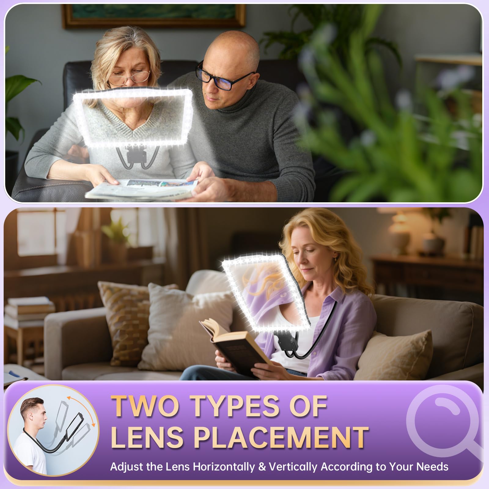 10X Magnifying Glass with Light, Hands Free Large Magnifying Glass for Reading, Full Book Page Magnifiers Flexible Gooseneck Magnifier for Reading Repair Sewing Low Vision, 10.6 x 7.8in