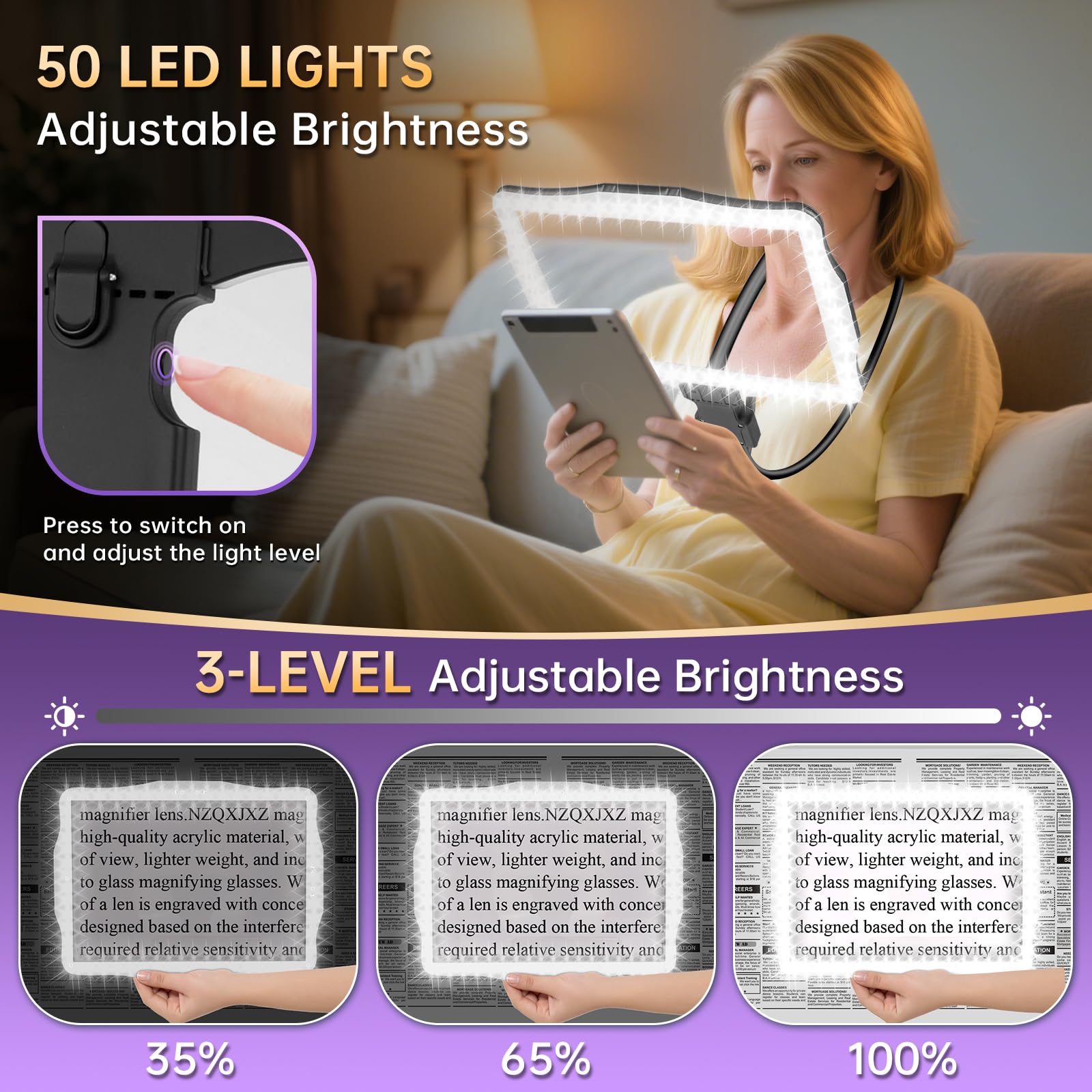 10X Magnifying Glass with Light, Hands Free Large Magnifying Glass for Reading, Full Book Page Magnifiers Flexible Gooseneck Magnifier for Reading Repair Sewing Low Vision, 10.6 x 7.8in