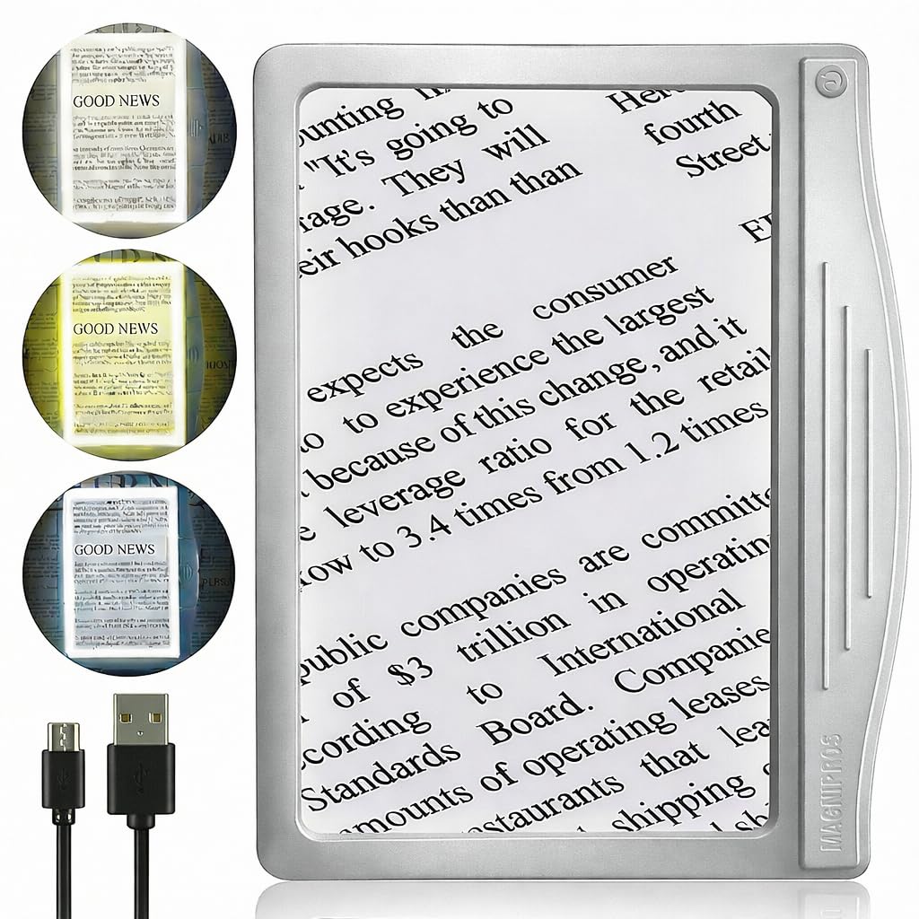 MagniPros 5X [Rechargeable] Large Ultra Bright LED Page Magnifier with Anti-Glare Lens & 3 Stepless Color Light Modes to Relieve Eye Strain-Ideal for Reading Small Prints, Low Vision and Seniors
