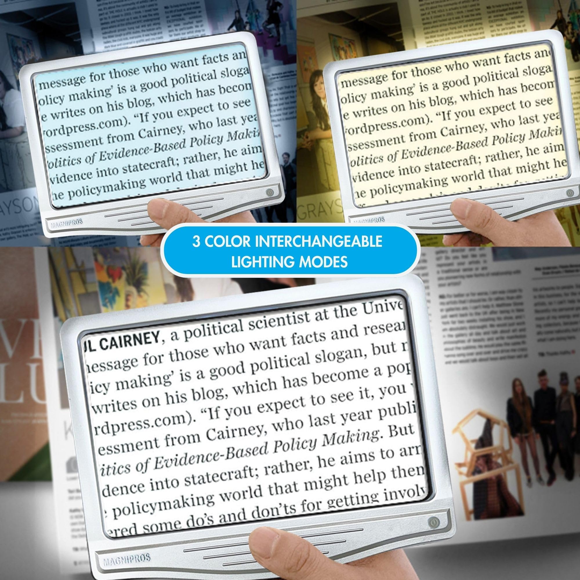 MagniPros 5X [Rechargeable] Large Ultra Bright LED Page Magnifier with Anti-Glare Lens & 3 Stepless Color Light Modes to Relieve Eye Strain-Ideal for Reading Small Prints, Low Vision and Seniors