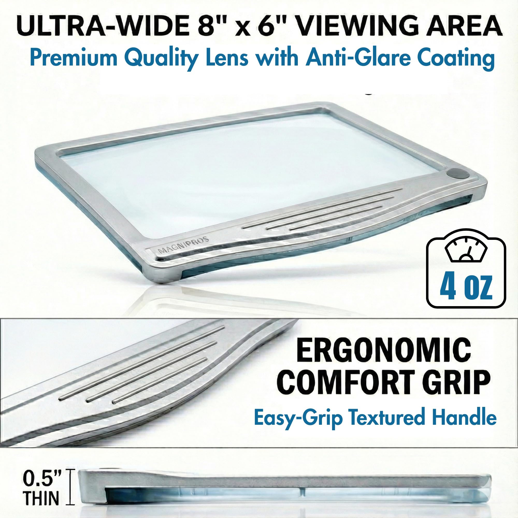 MagniPros 5X [Rechargeable] Large Ultra Bright LED Page Magnifier with Anti-Glare Lens & 3 Stepless Color Light Modes to Relieve Eye Strain-Ideal for Reading Small Prints, Low Vision and Seniors