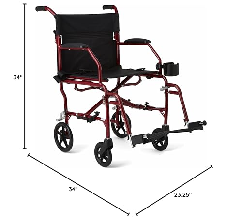 Medline Ultra Lightweight Transport Wheelchair for Adults, Foldable, 19-Inch Seat Width, Red Frame, Black Upholstery