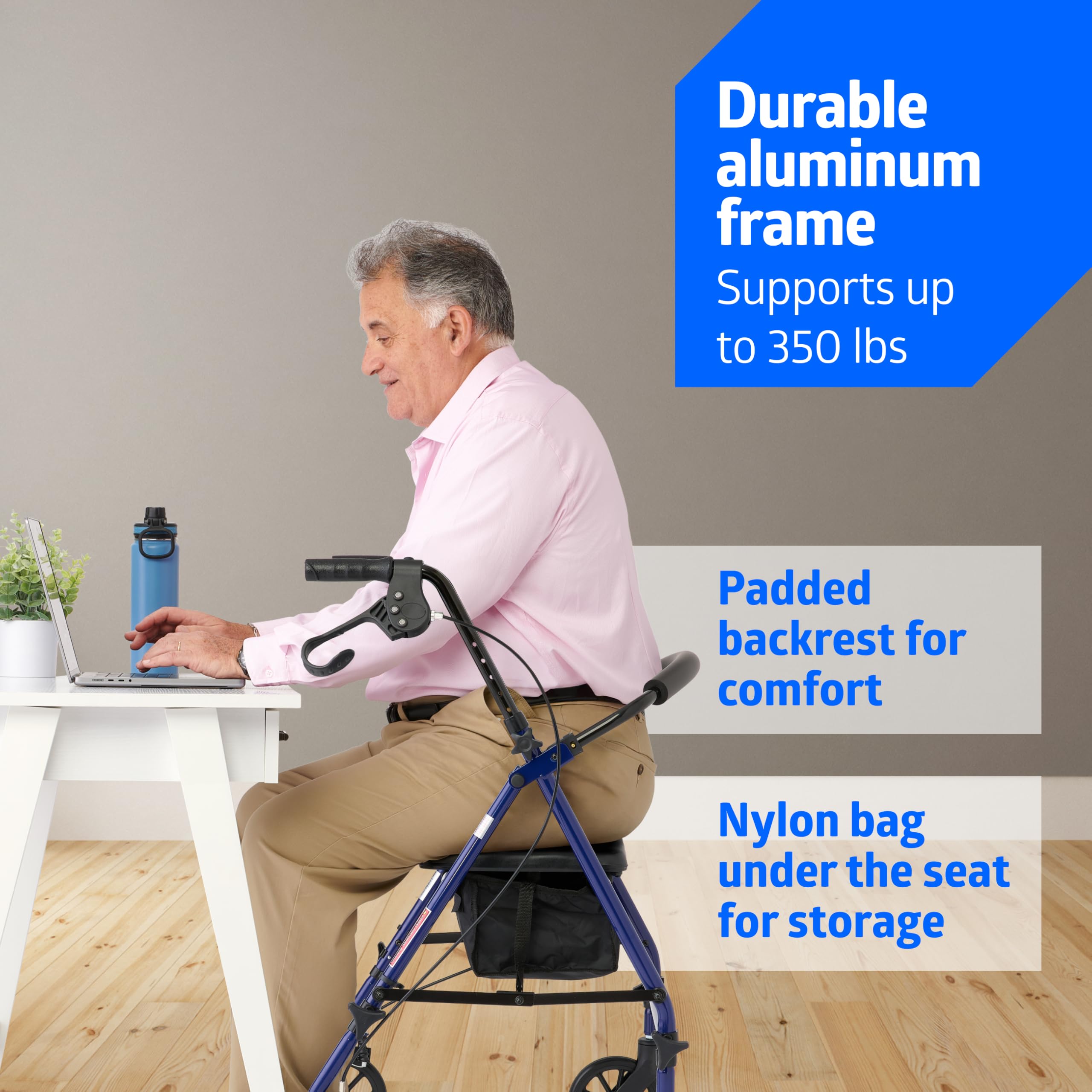 Medline Rollator Walker with Seat, Steel Rolling Walker with 6-inch Wheels Supports up to 350 lbs, Medical Walker, Blue