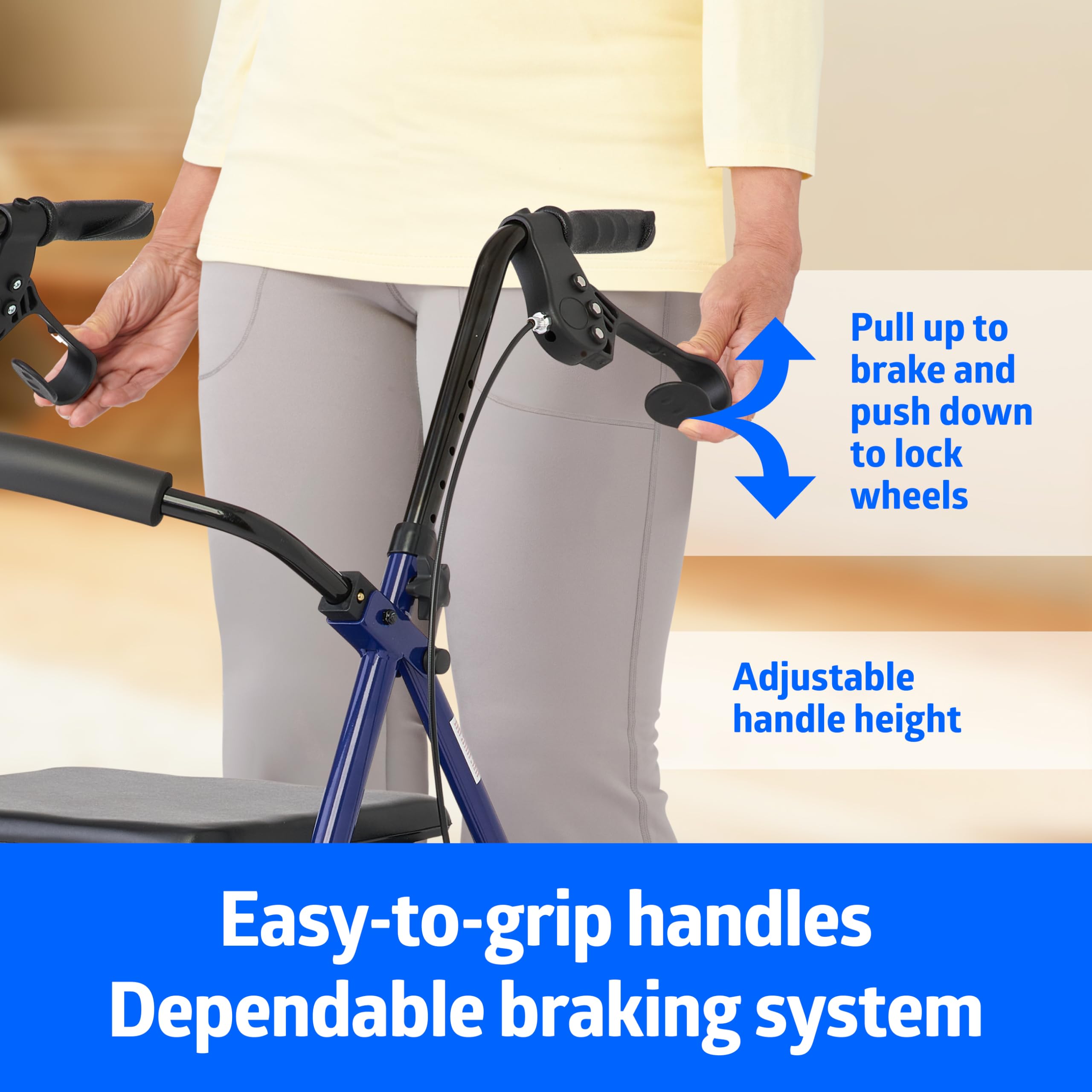 Medline Rollator Walker with Seat, Steel Rolling Walker with 6-inch Wheels Supports up to 350 lbs, Medical Walker, Blue