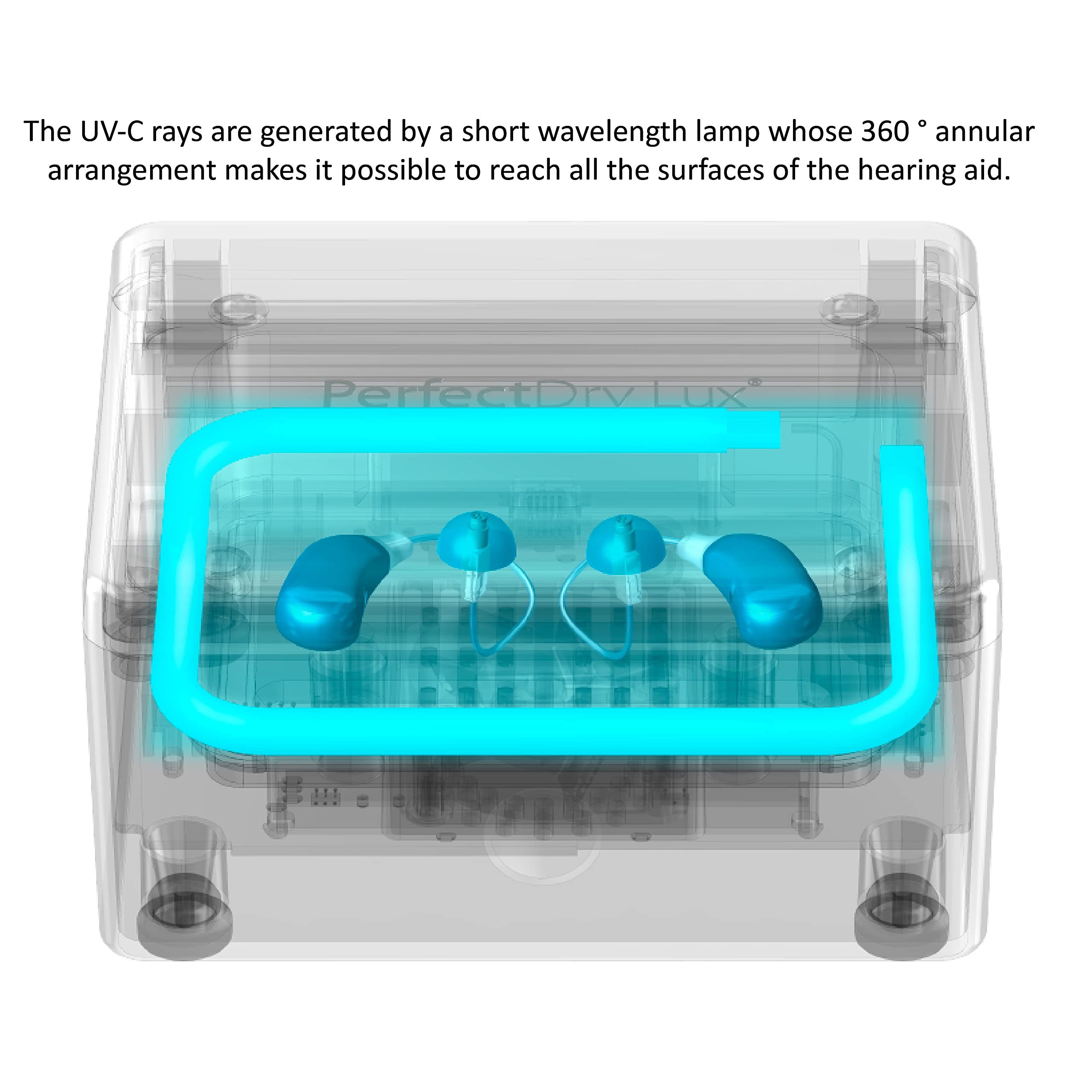 PerfectDry LUX | World's Fastest Hearing Aid Dryer, Dehumidifier Accessory | UV-C Ultraviolet Light Box Kit | Removes Sweat & Moisture from Hearing Aids, Wireless Earbuds, Ear Amplifiers