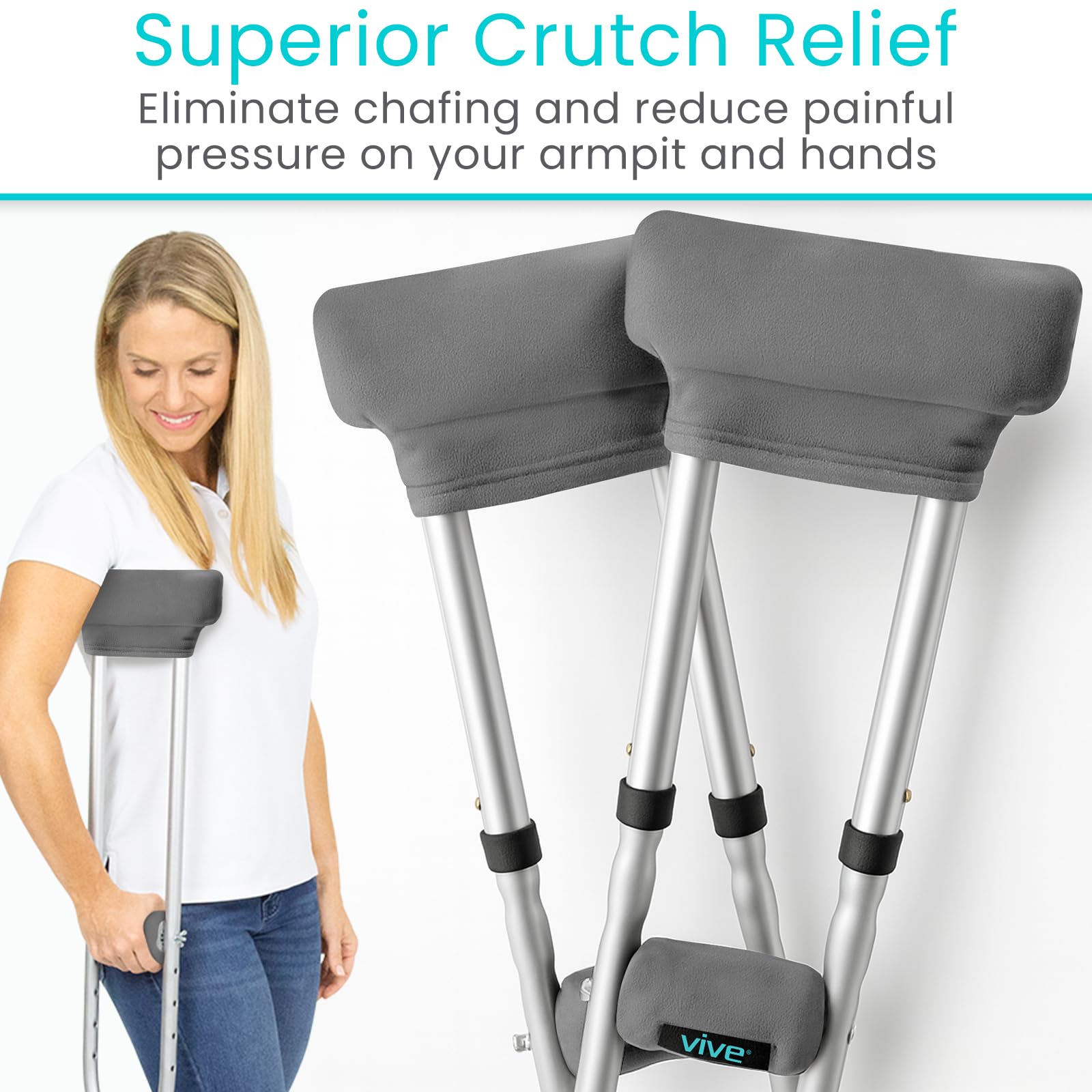 Vive Crutch Pads & Hand Grips - Padding for Walking Arm Crutches - Universal Underarm Padded Forearm Handle Pillow Covers for Hand Grips - Soft Foam Armpit Accessories for Adults, Kids (Gray)