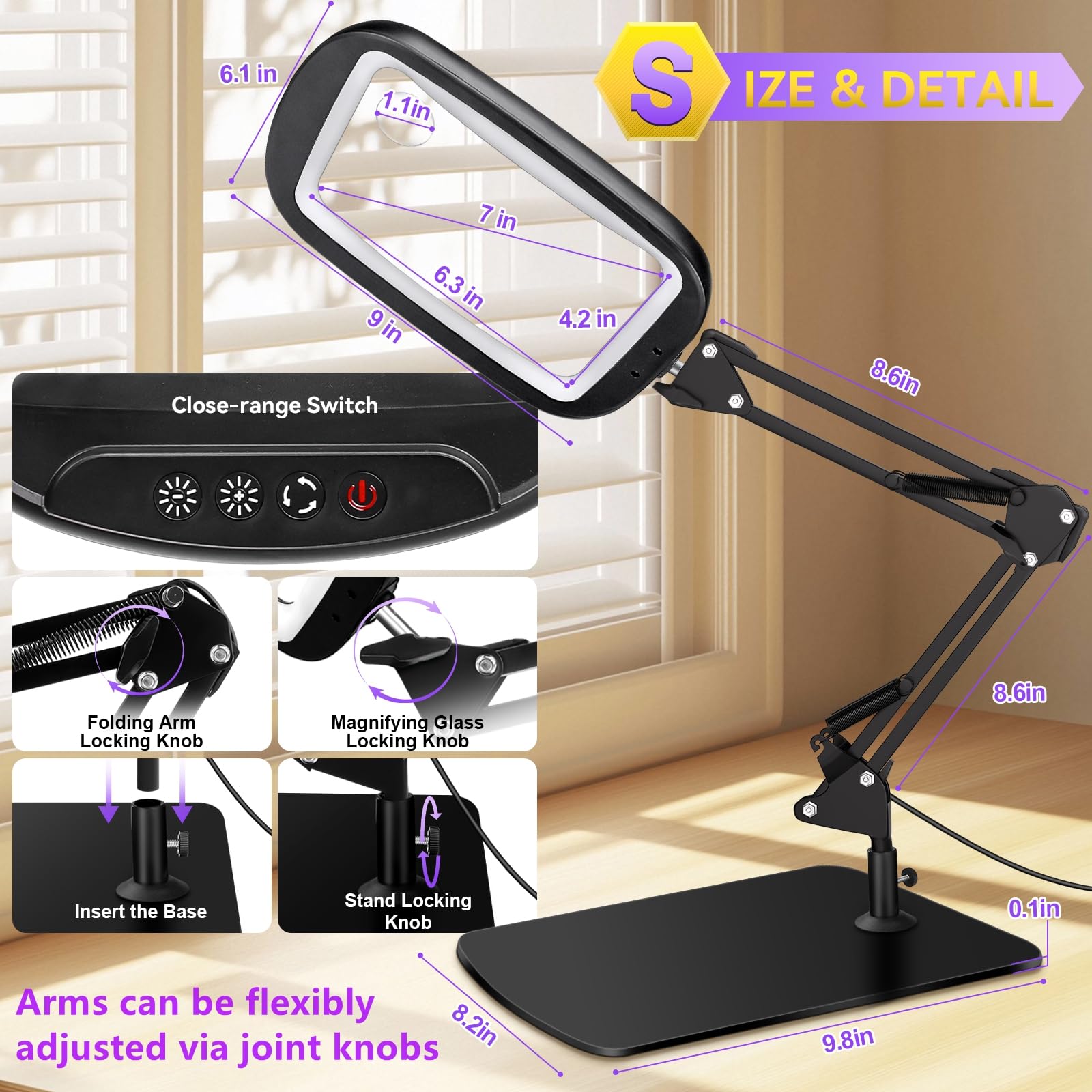 10X 30X Extra Large Magnifying Glass with Light and Stand,7-inch Lighted Magnifier,5 Color Modes Stepless Dimmable,Rectangle Hands-Free Magnifying Glass Desk Lamp for Reading Craft Hobby Close Work