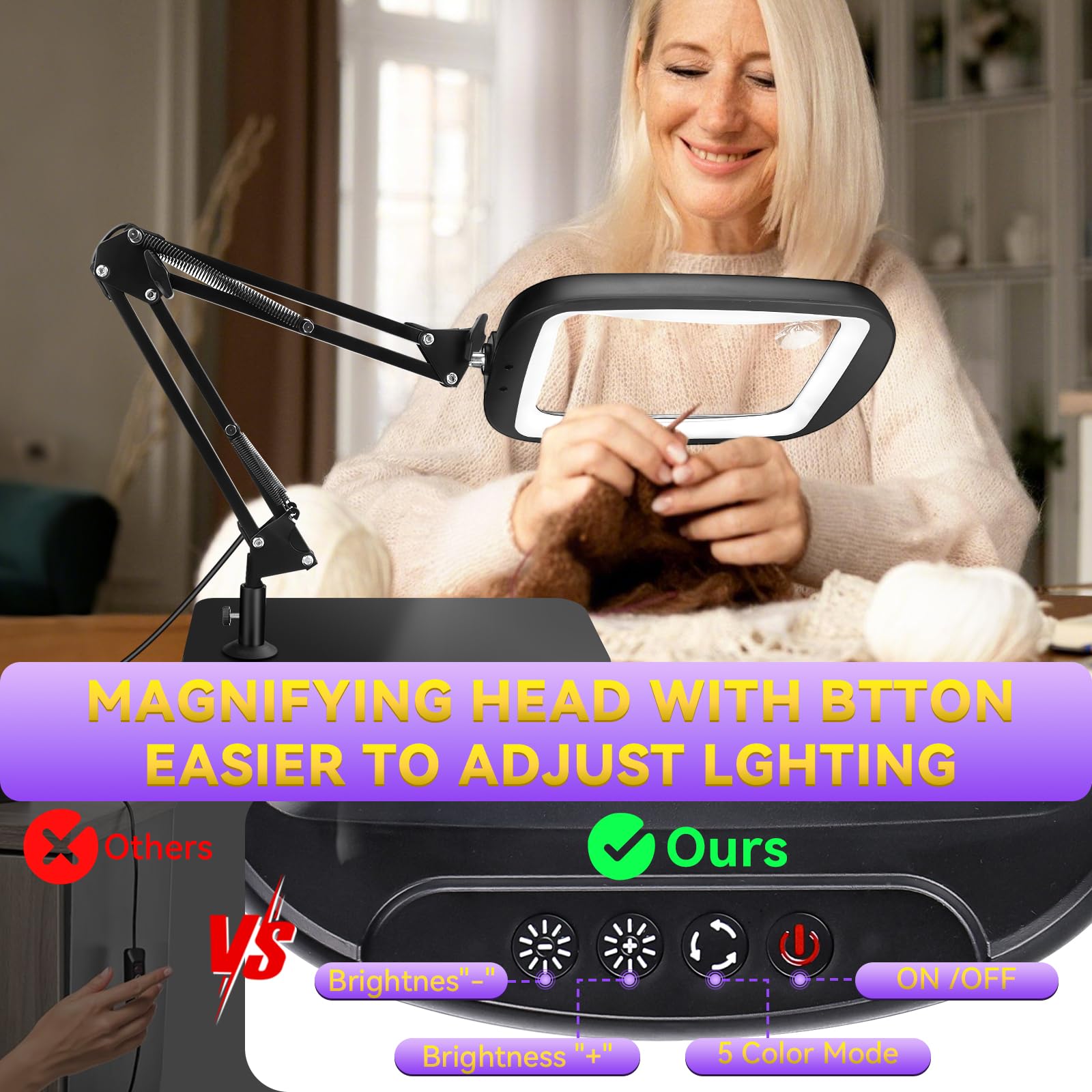 10X 30X Extra Large Magnifying Glass with Light and Stand,7-inch Lighted Magnifier,5 Color Modes Stepless Dimmable,Rectangle Hands-Free Magnifying Glass Desk Lamp for Reading Craft Hobby Close Work