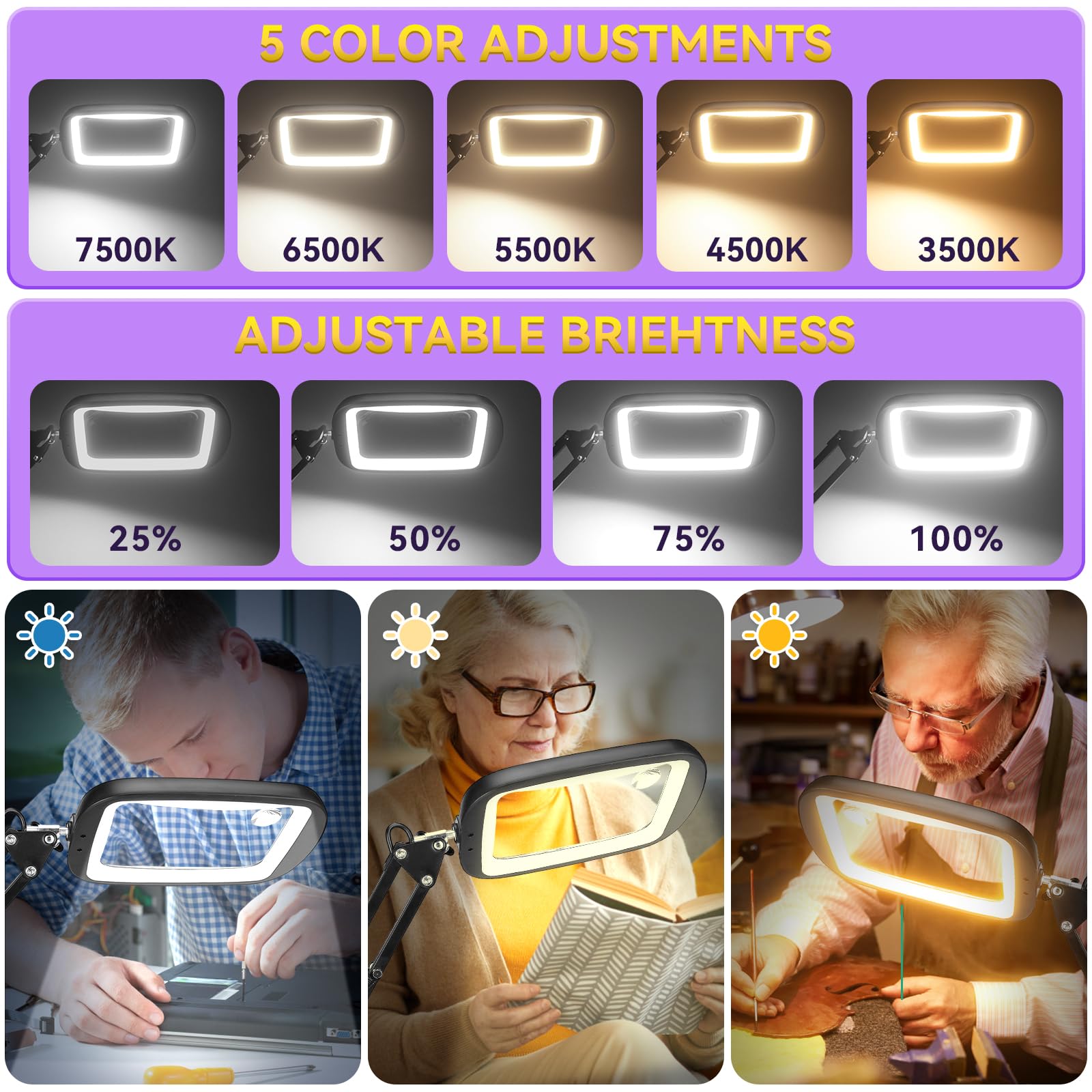 10X 30X Extra Large Magnifying Glass with Light and Stand,7-inch Lighted Magnifier,5 Color Modes Stepless Dimmable,Rectangle Hands-Free Magnifying Glass Desk Lamp for Reading Craft Hobby Close Work