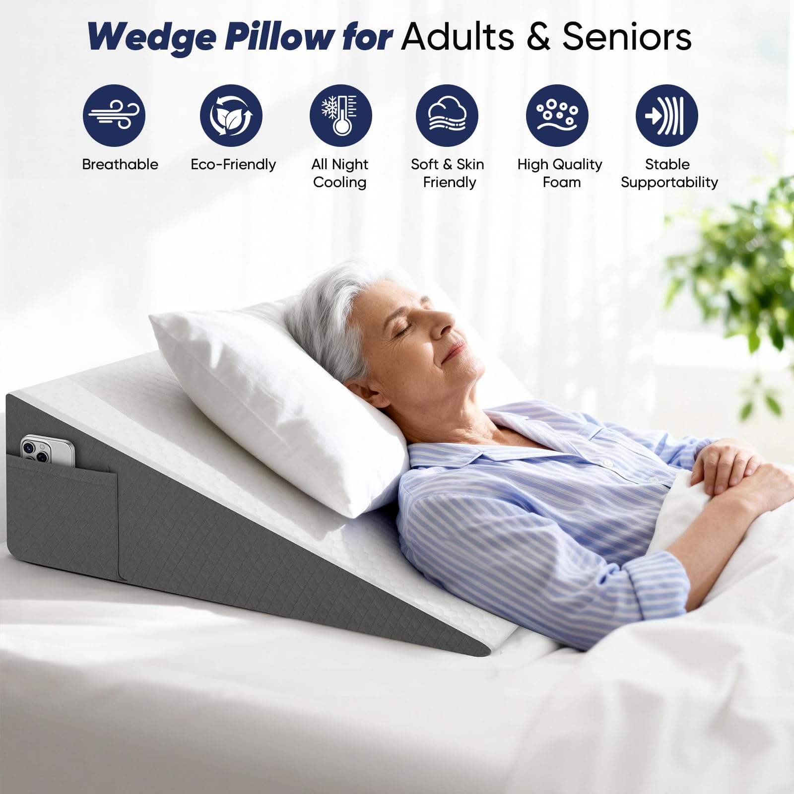 Vimoli Bed Wedge Pillow for Sleeping & Resting, 8 inch Incline Pillow Wedge for Adults Seniors, Back Support and Leg Elevation, Cooling Memory Foam Top, Ideal for Couch, Bedroom & Living Room