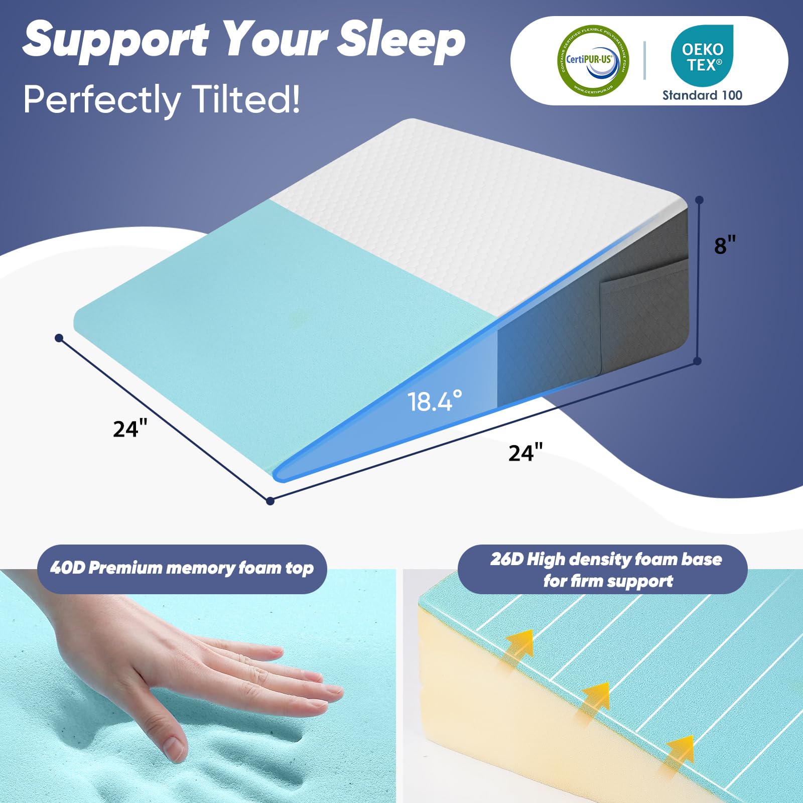 Vimoli Bed Wedge Pillow for Sleeping & Resting, 8 inch Incline Pillow Wedge for Adults Seniors, Back Support and Leg Elevation, Cooling Memory Foam Top, Ideal for Couch, Bedroom & Living Room