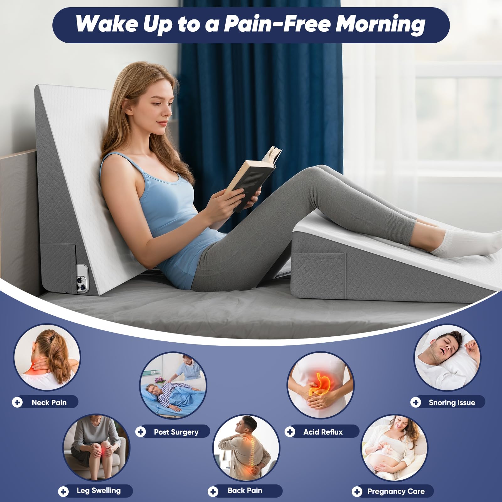 Vimoli Bed Wedge Pillow for Sleeping & Resting, 8 inch Incline Pillow Wedge for Adults Seniors, Back Support and Leg Elevation, Cooling Memory Foam Top, Ideal for Couch, Bedroom & Living Room