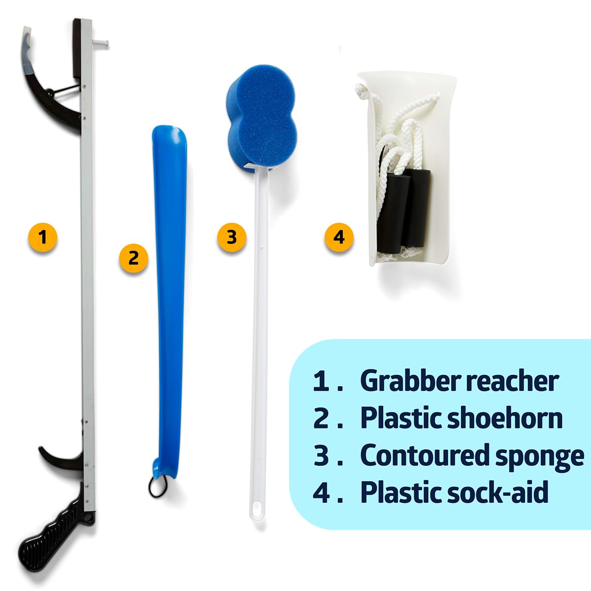 Medline Economy Hip Kit, Mobility Aids Ideal for Hip Surgery Recovery, 4-Pieces, 26" Grabber Reacher, Shoehorn, Sock-Aid, and Contoured Bath Sponge