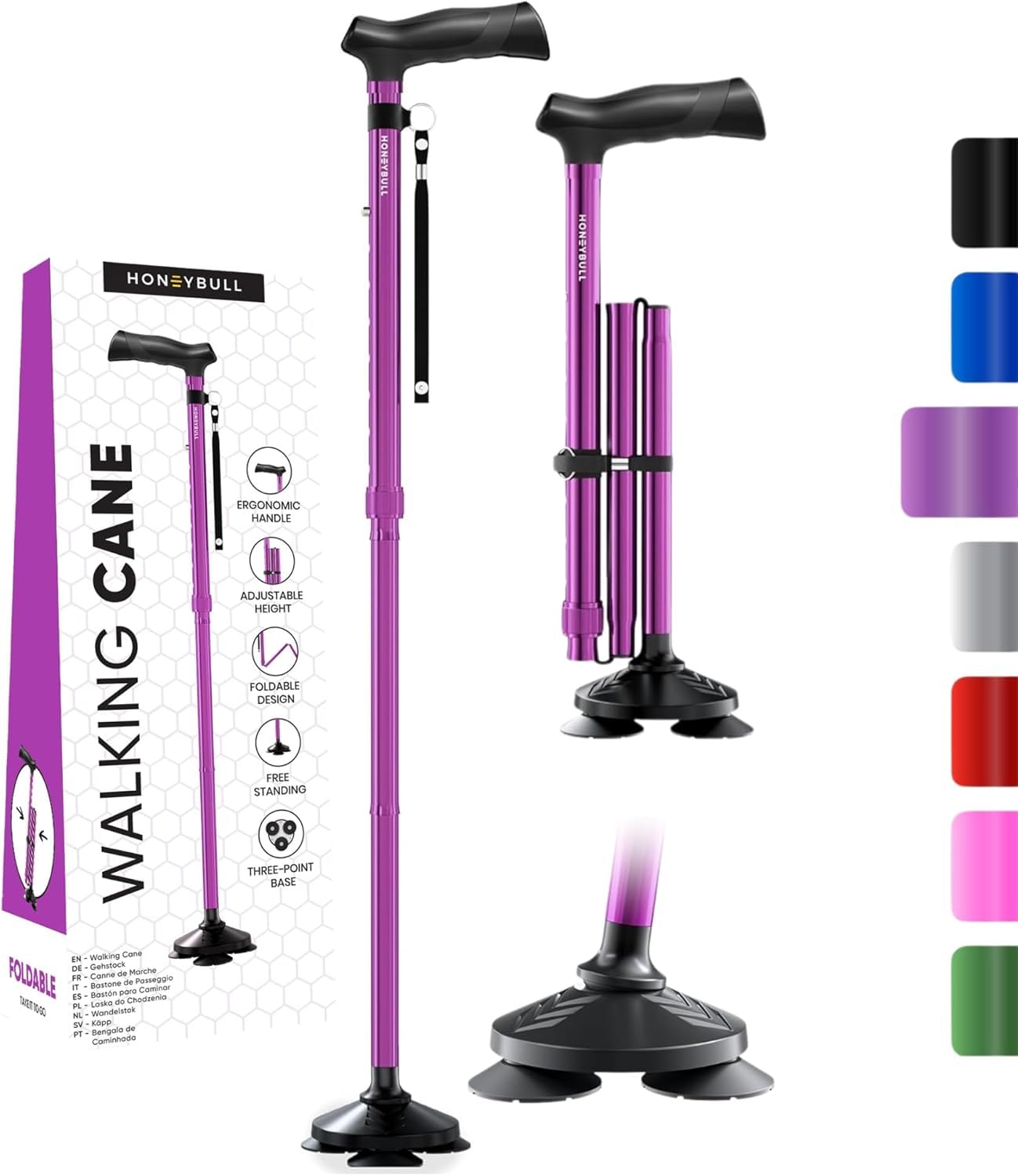 HONEYBULL Walking Cane for Women & Men Foldable, Adjustable, Heavy Duty, Free Standing, All Terrain, Collapsible Walking Sticks for Seniors & Adults (Purple)