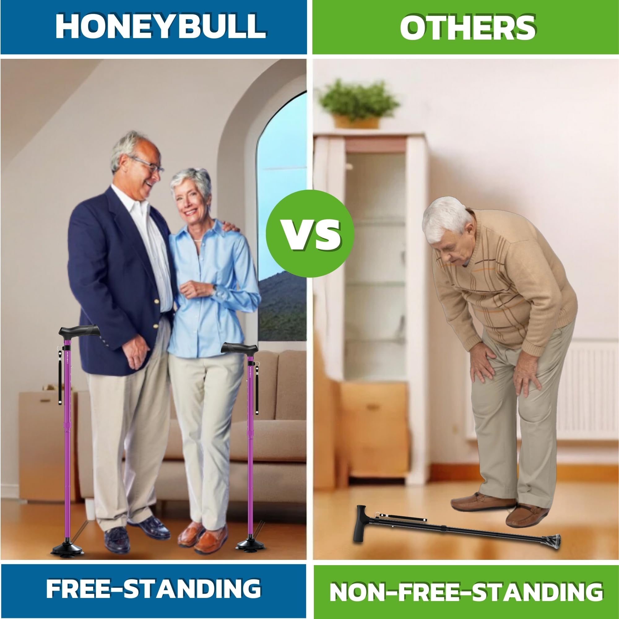 HONEYBULL Walking Cane for Women & Men Foldable, Adjustable, Heavy Duty, Free Standing, All Terrain, Collapsible Walking Sticks for Seniors & Adults (Purple)