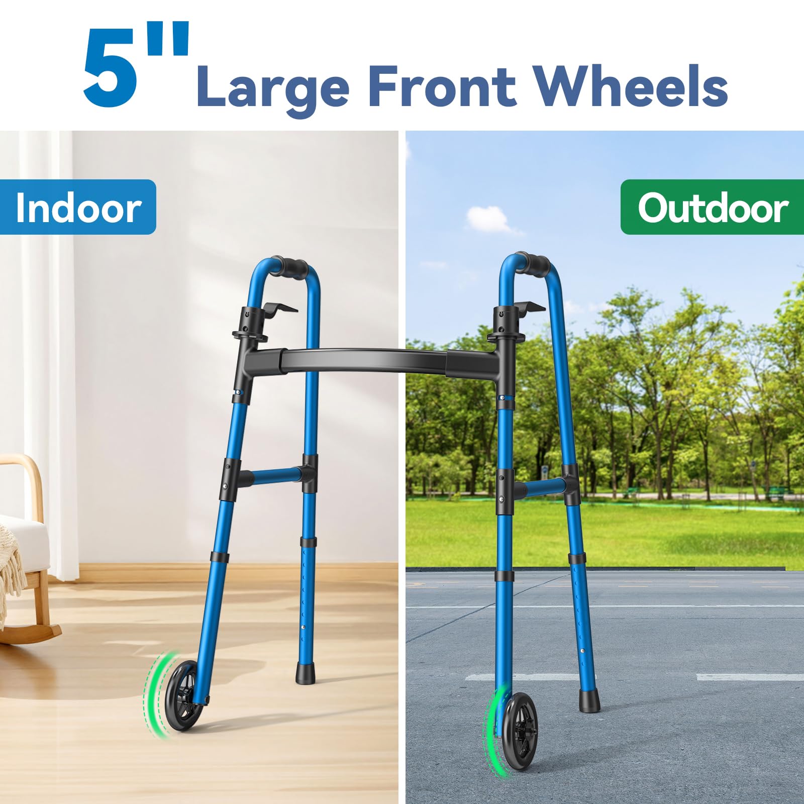 Loyoda Folding Walker with 2 Skis and 5" Wheels, Lightweight Walkers for Seniors and Adults, Supports Up to 350 Pounds, Adjustable Height, Compact Standard Walker, Blue