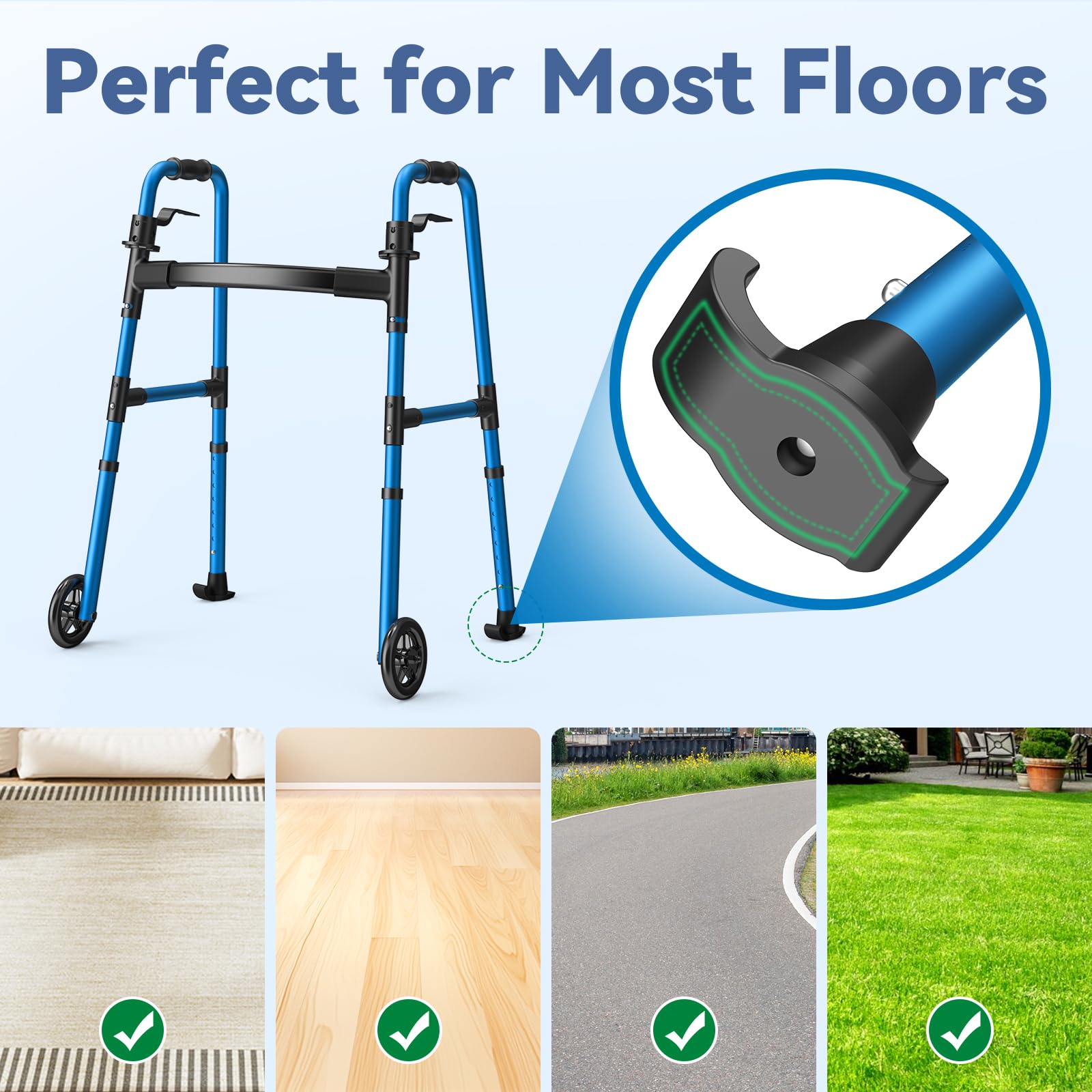 Loyoda Folding Walker with 2 Skis and 5" Wheels, Lightweight Walkers for Seniors and Adults, Supports Up to 350 Pounds, Adjustable Height, Compact Standard Walker, Blue