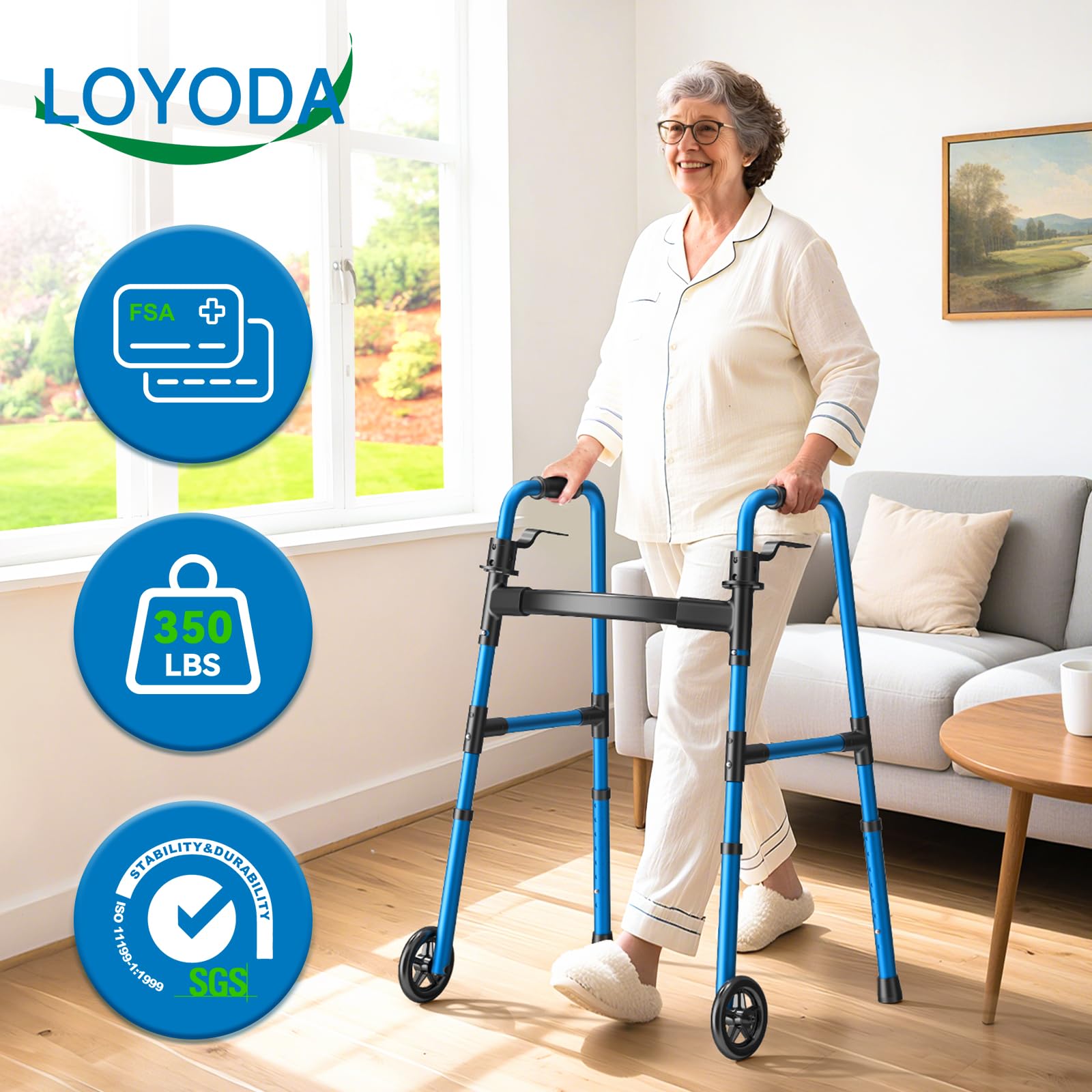 Loyoda Folding Walker with 2 Skis and 5" Wheels, Lightweight Walkers for Seniors and Adults, Supports Up to 350 Pounds, Adjustable Height, Compact Standard Walker, Blue