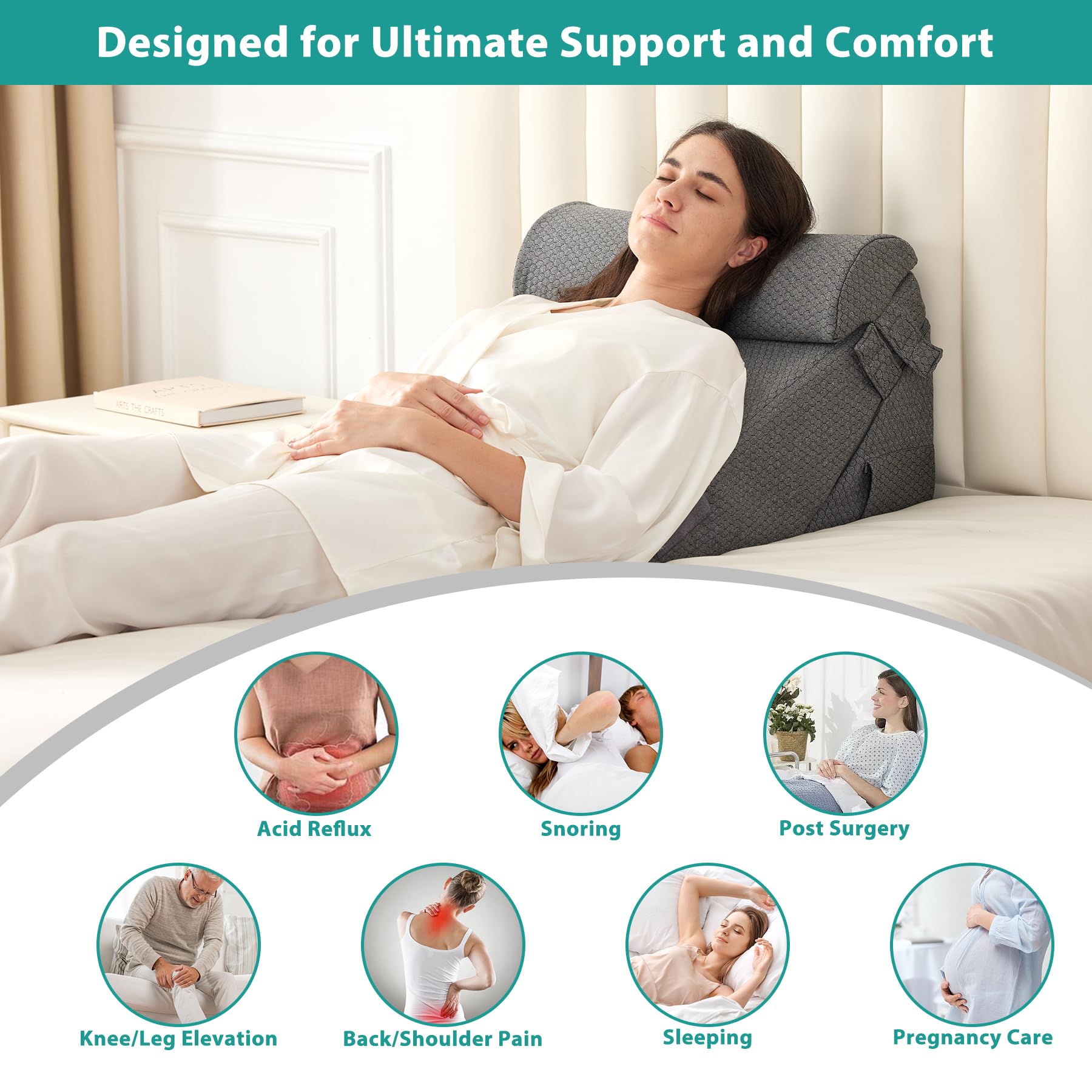 Bedluxe 3Pcs Orthopedic Bed Wedge Pillow Set, Foam Wedge Pillow Post Surgery for Back, Leg and Knee Support, Adjustable 9&12 Inch Folding Triangle Pillow for Sleeping, Acid Reflux, Snoring, Dark Grey