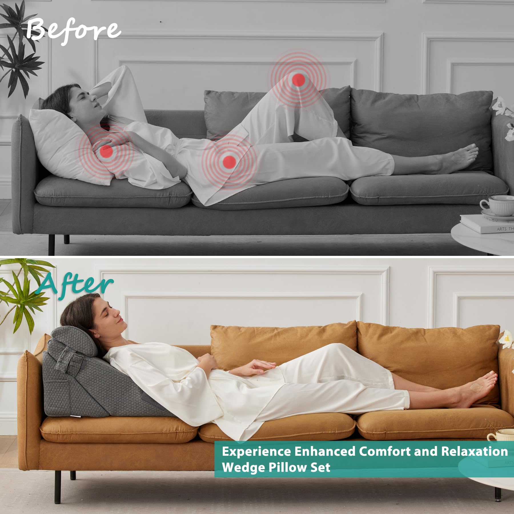 Bedluxe 3Pcs Orthopedic Bed Wedge Pillow Set, Foam Wedge Pillow Post Surgery for Back, Leg and Knee Support, Adjustable 9&12 Inch Folding Triangle Pillow for Sleeping, Acid Reflux, Snoring, Dark Grey